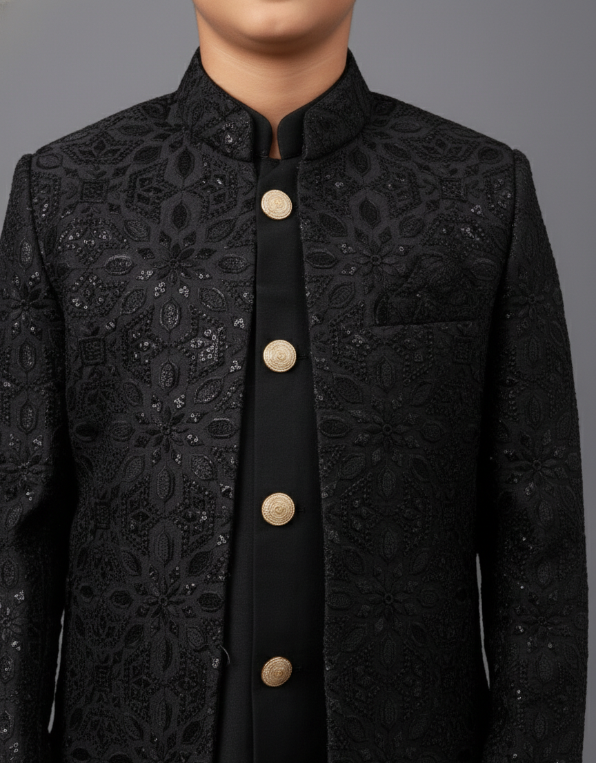 Black Embroidered Front Open Jodhpuri 3-Piece Set for Boys - CuddlesClothing