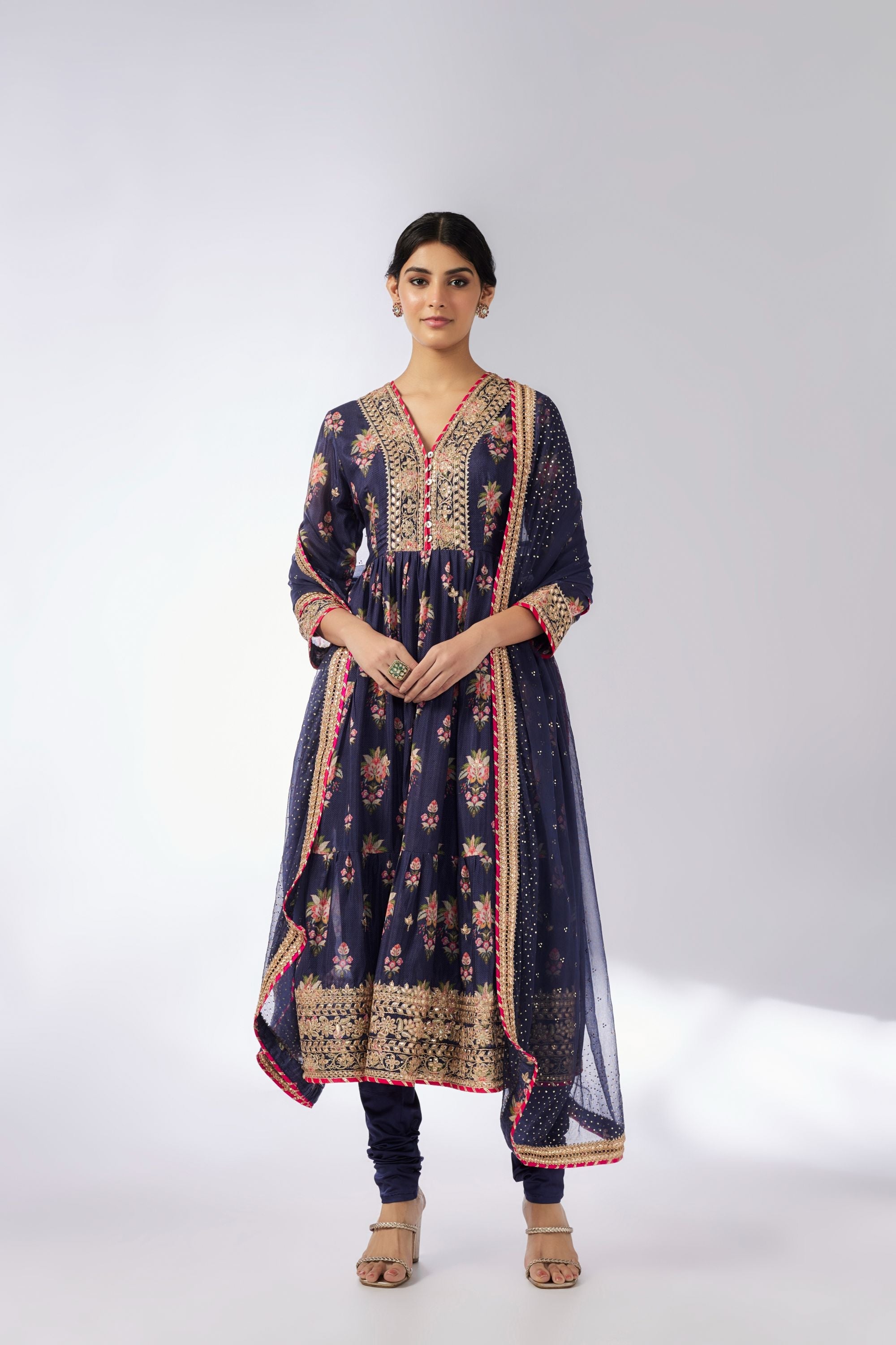 CY Gopi Vaid Joshna Tiered Navy Anarkali Set Front 2