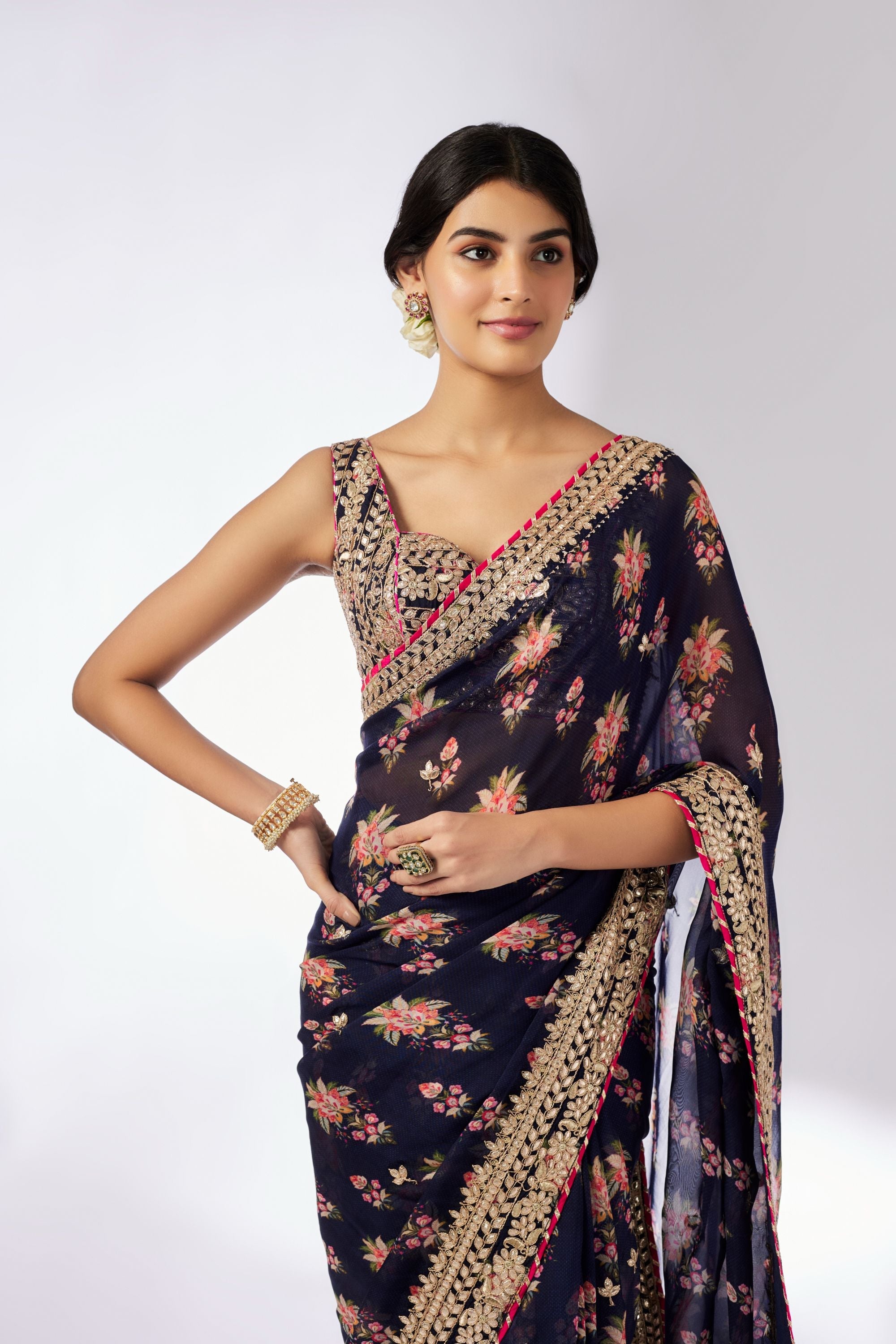 CY Gopi Vaid Masoom Navy Saree Set Closeup 2