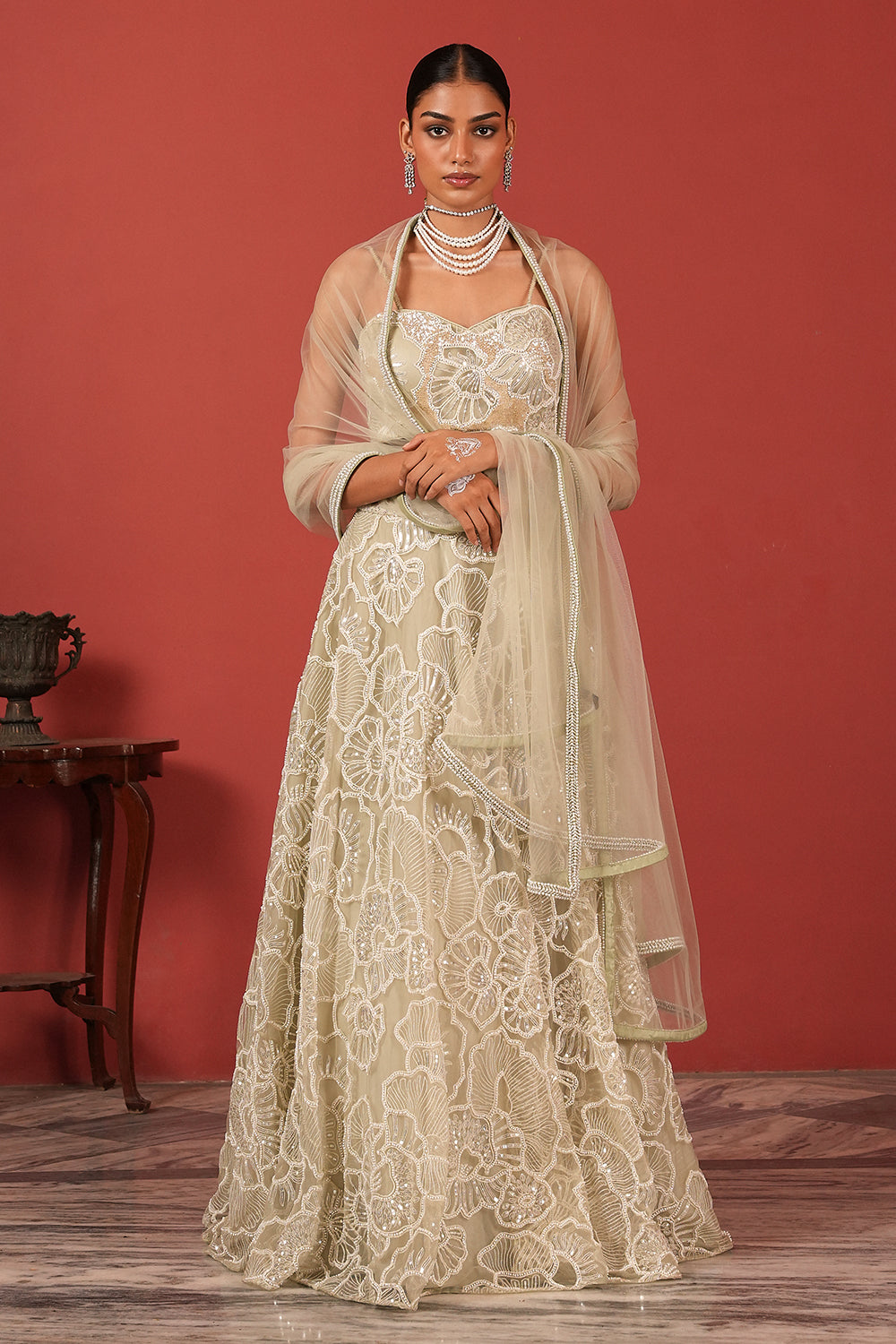 Green Bustier Blouse Lehenga Set