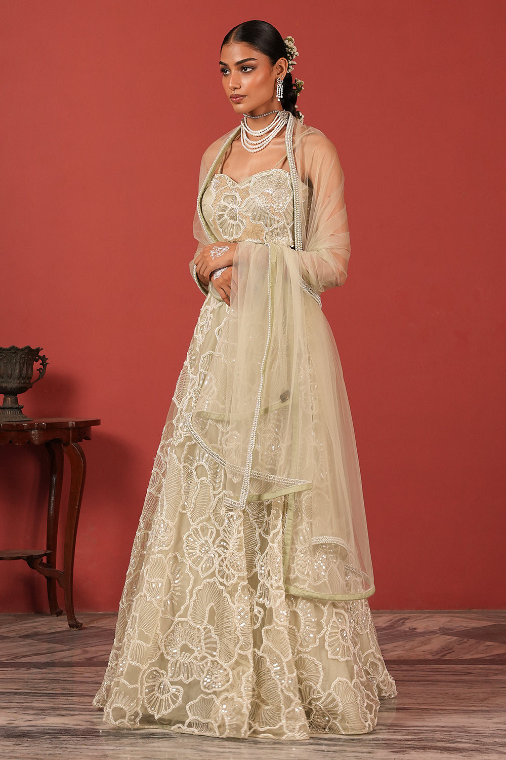 Green Bustier Blouse Lehenga Set