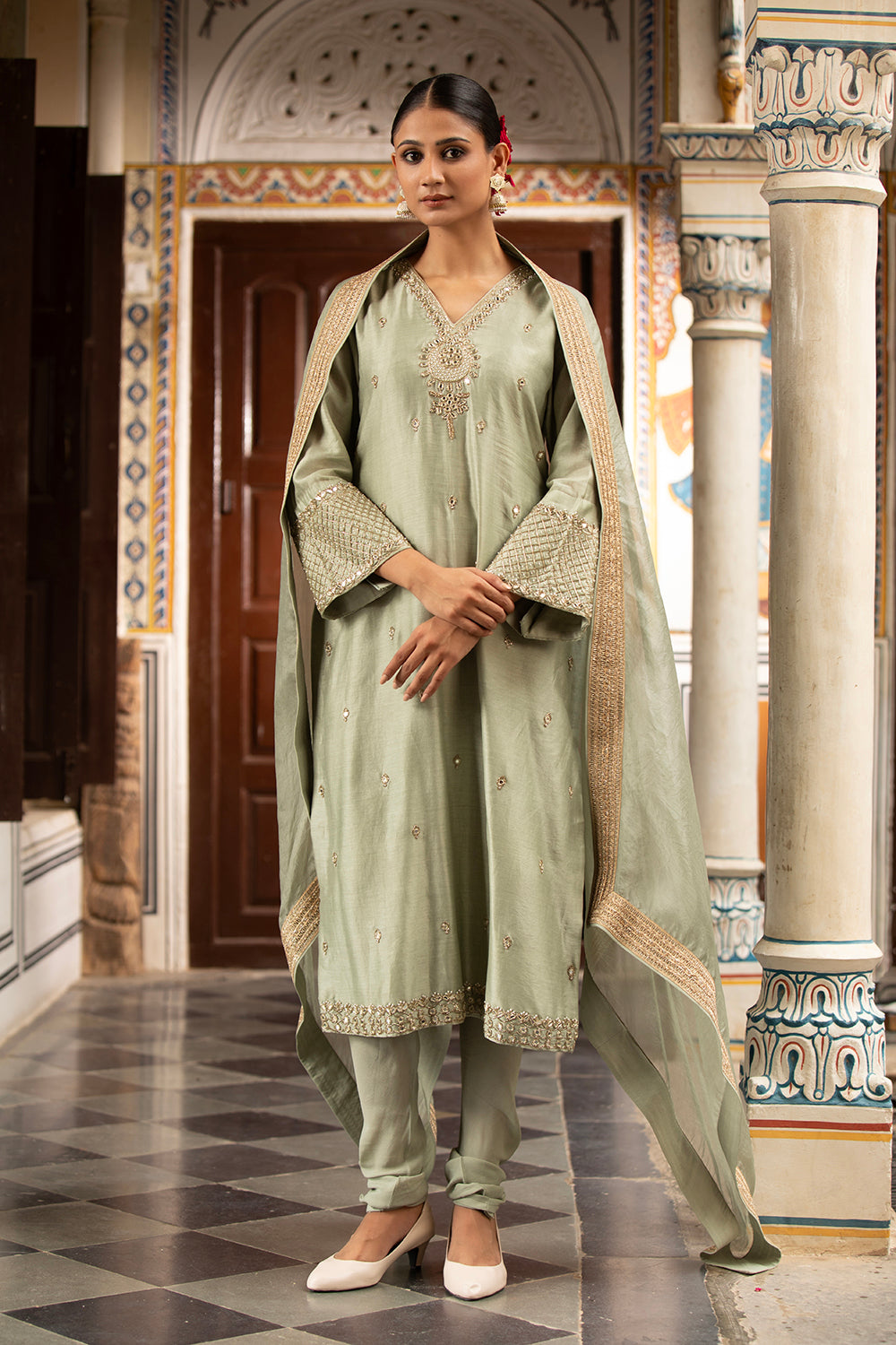 Green Kurta Set With Churidar And Dupatta