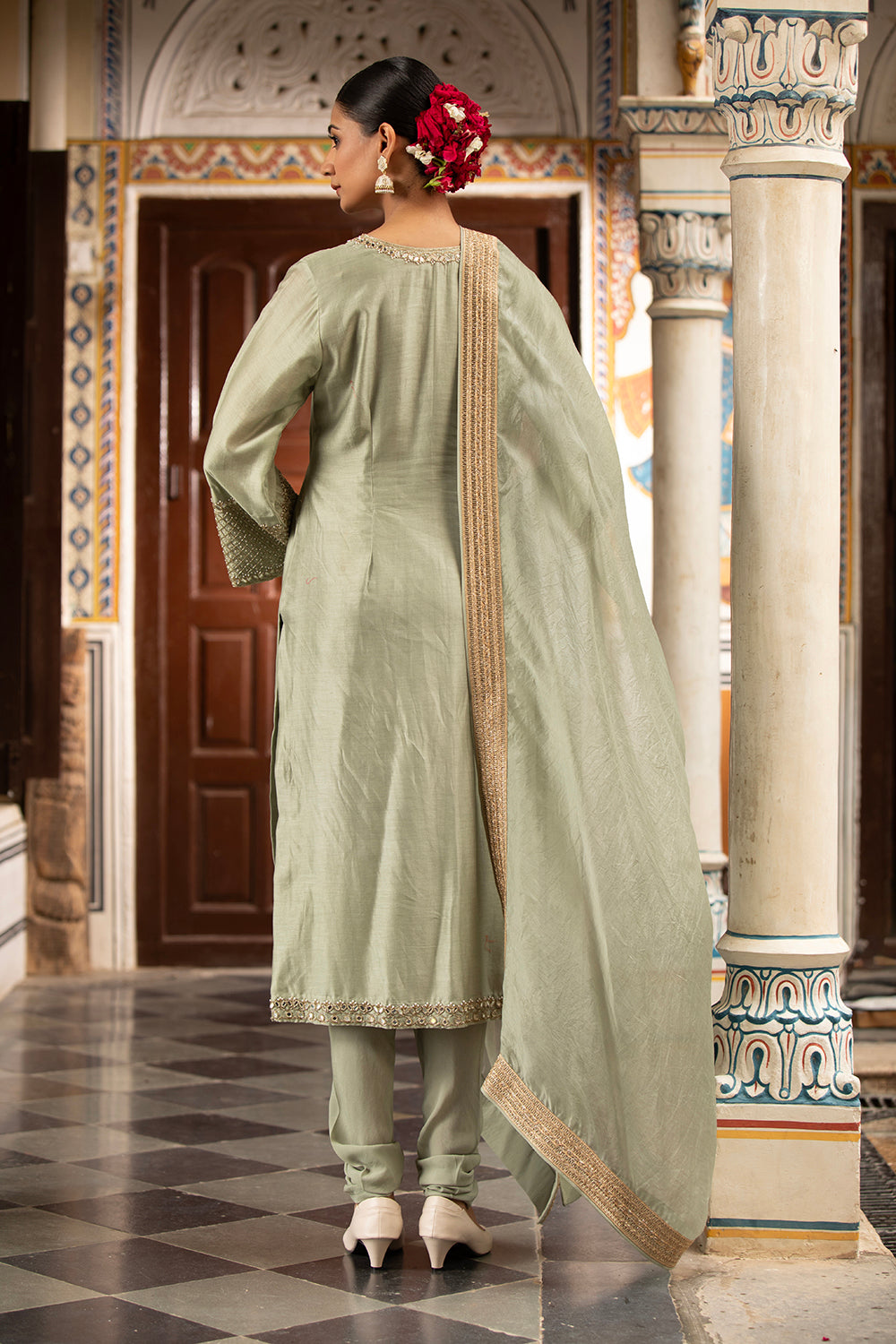 Green Kurta Set With Churidar And Dupatta