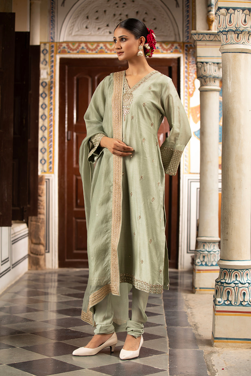 Green Kurta Set With Churidar And Dupatta