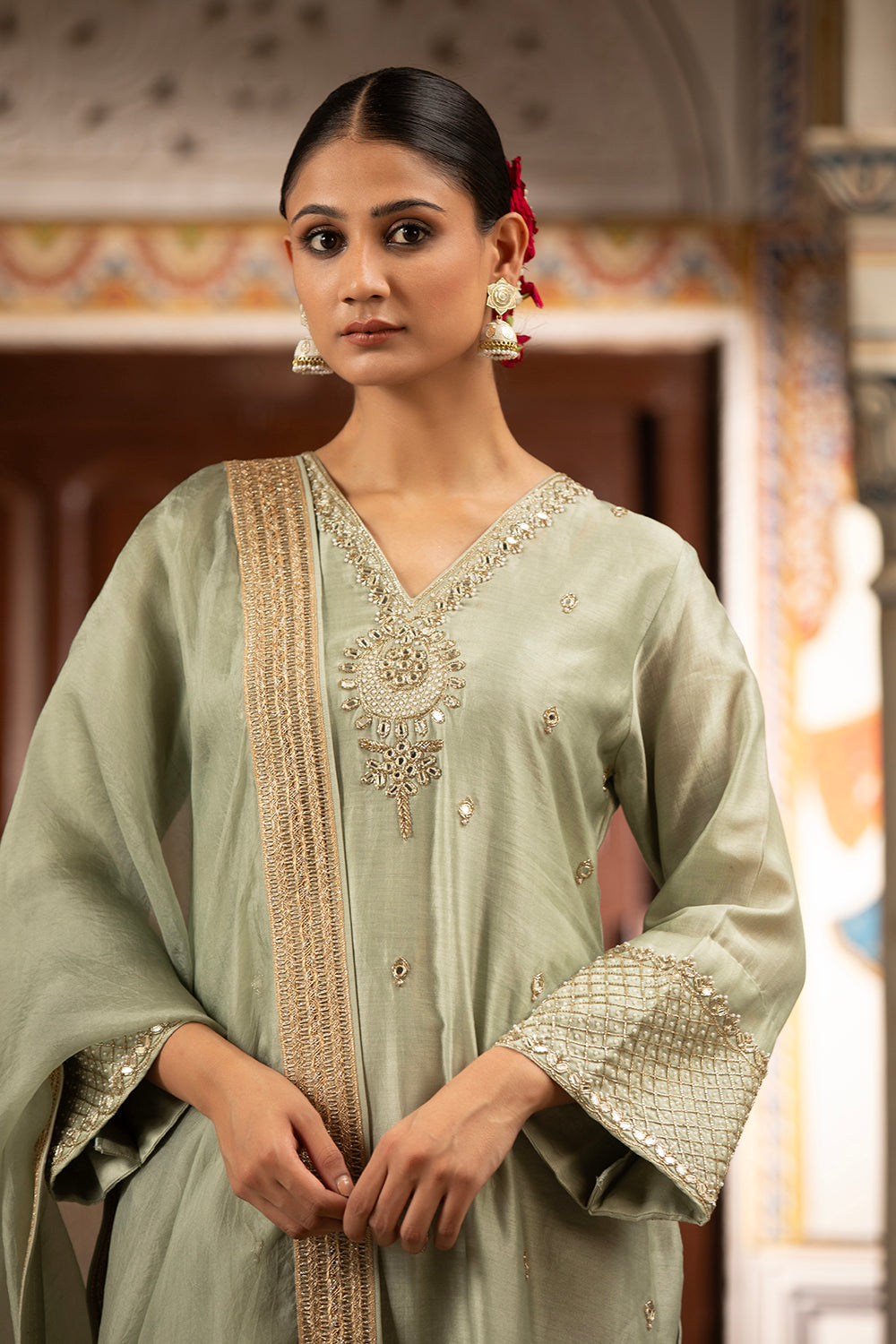 Green Kurta Set With Churidar And Dupatta