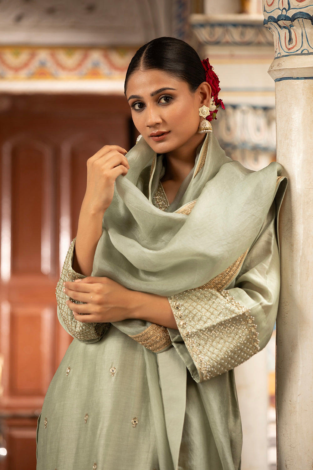 Green Kurta Set With Churidar And Dupatta