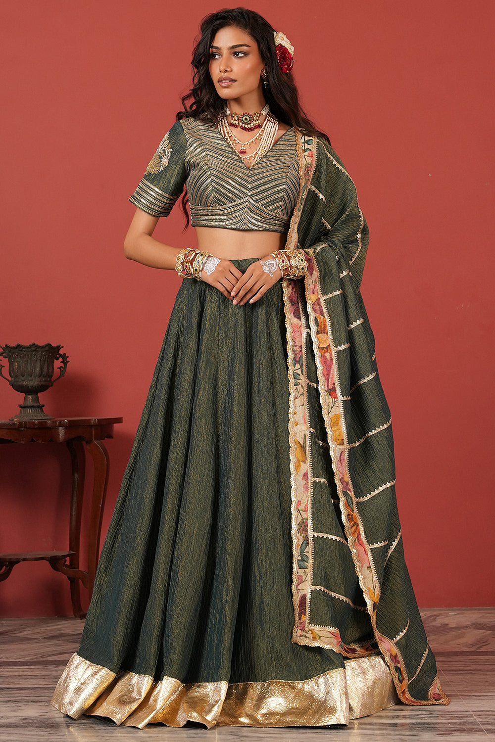 Green Zardozi Handcrafted Lehenga Set