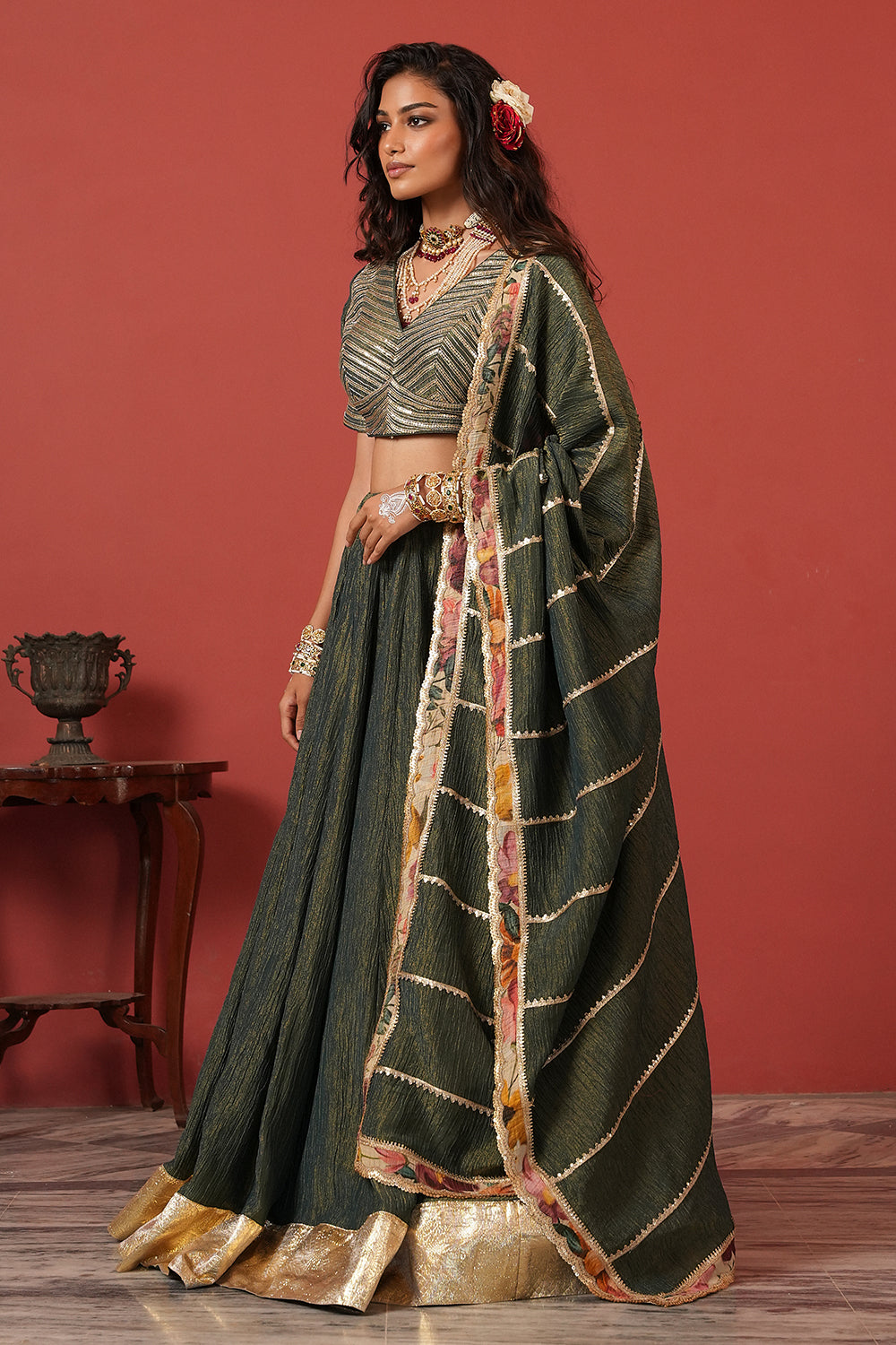 Green Zardozi Handcrafted Lehenga Set