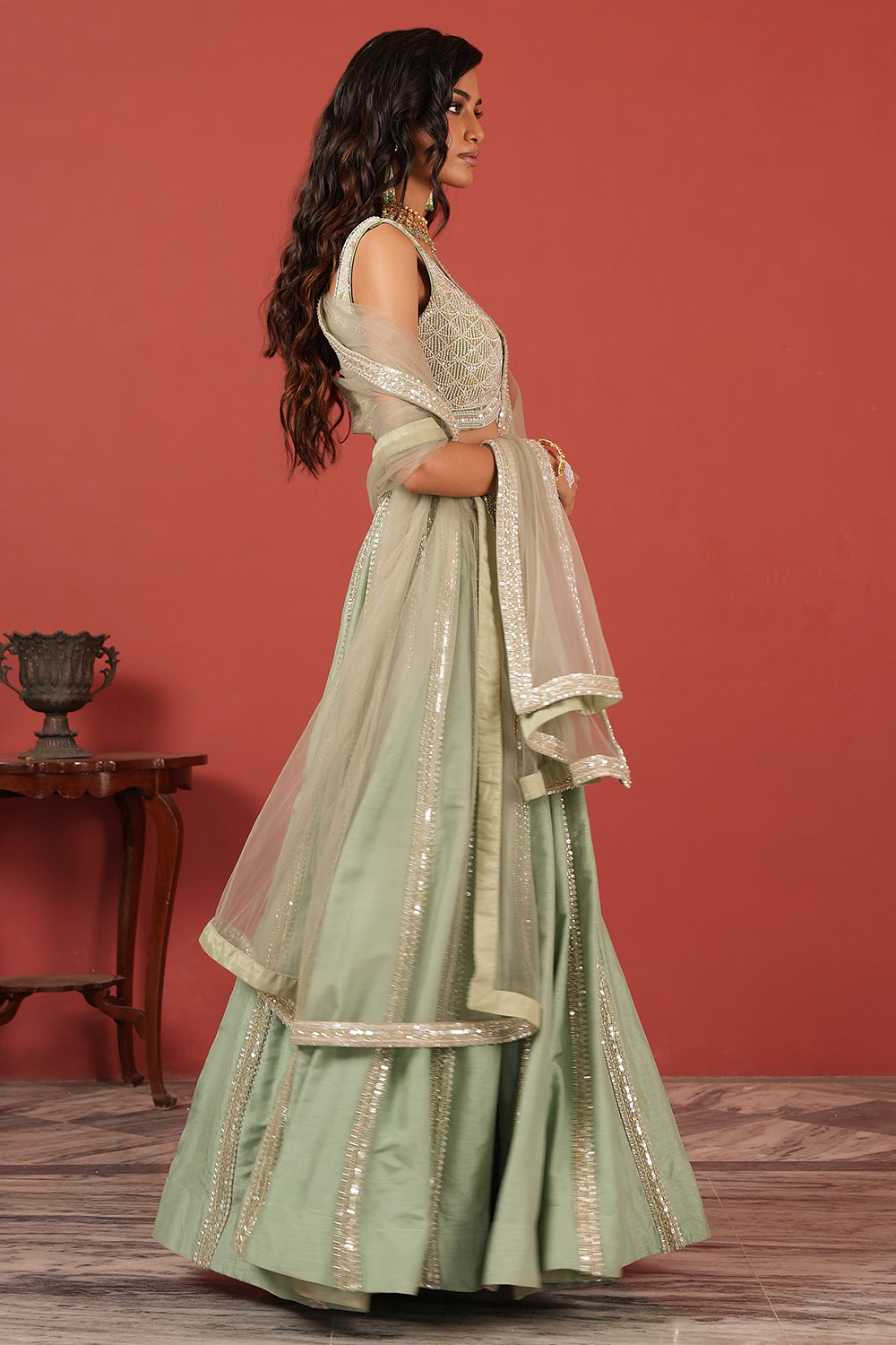 Green handcrafted lehenga set