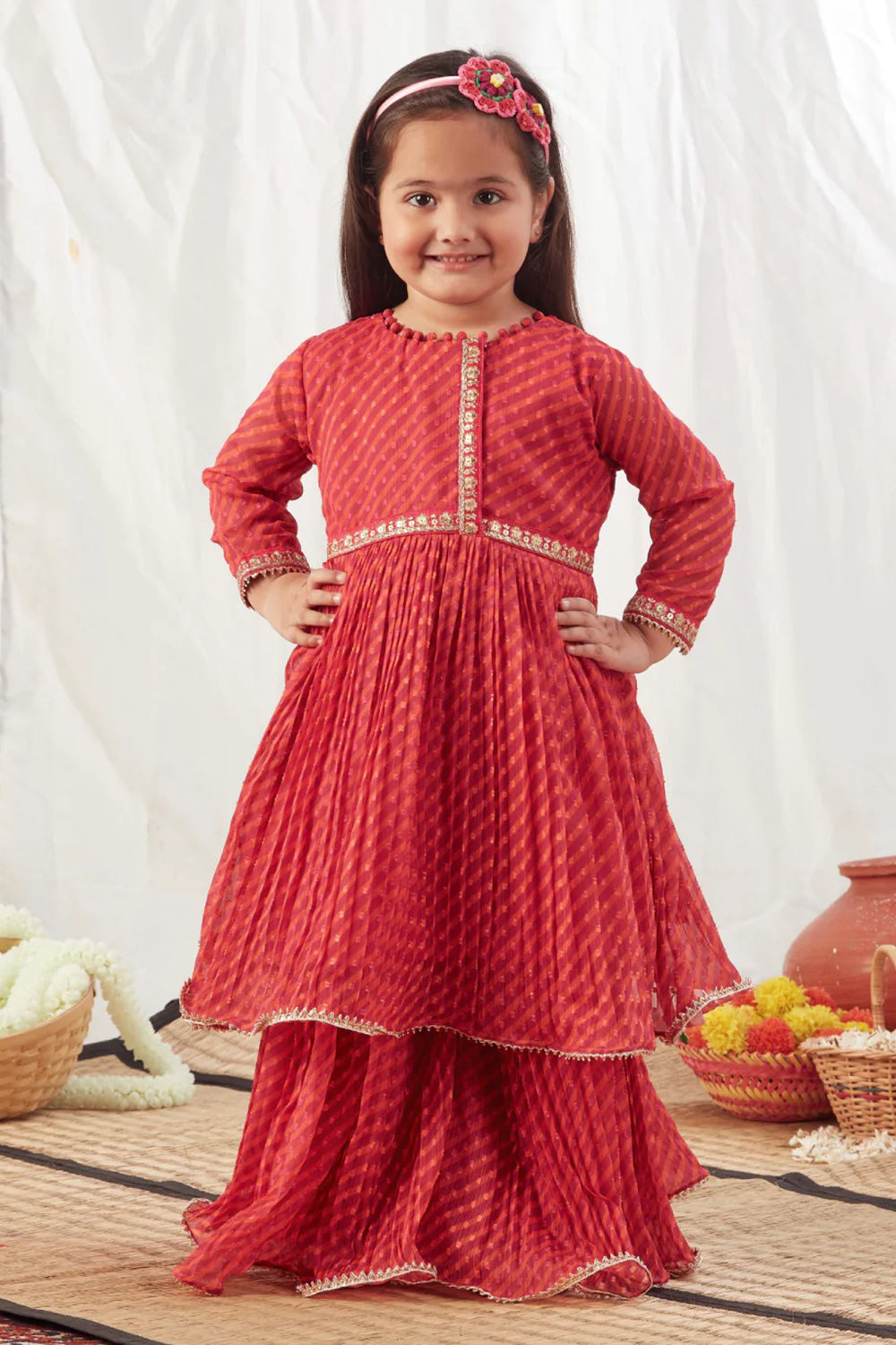 RED LEHERIYA PEPLUM LEHENGA SET