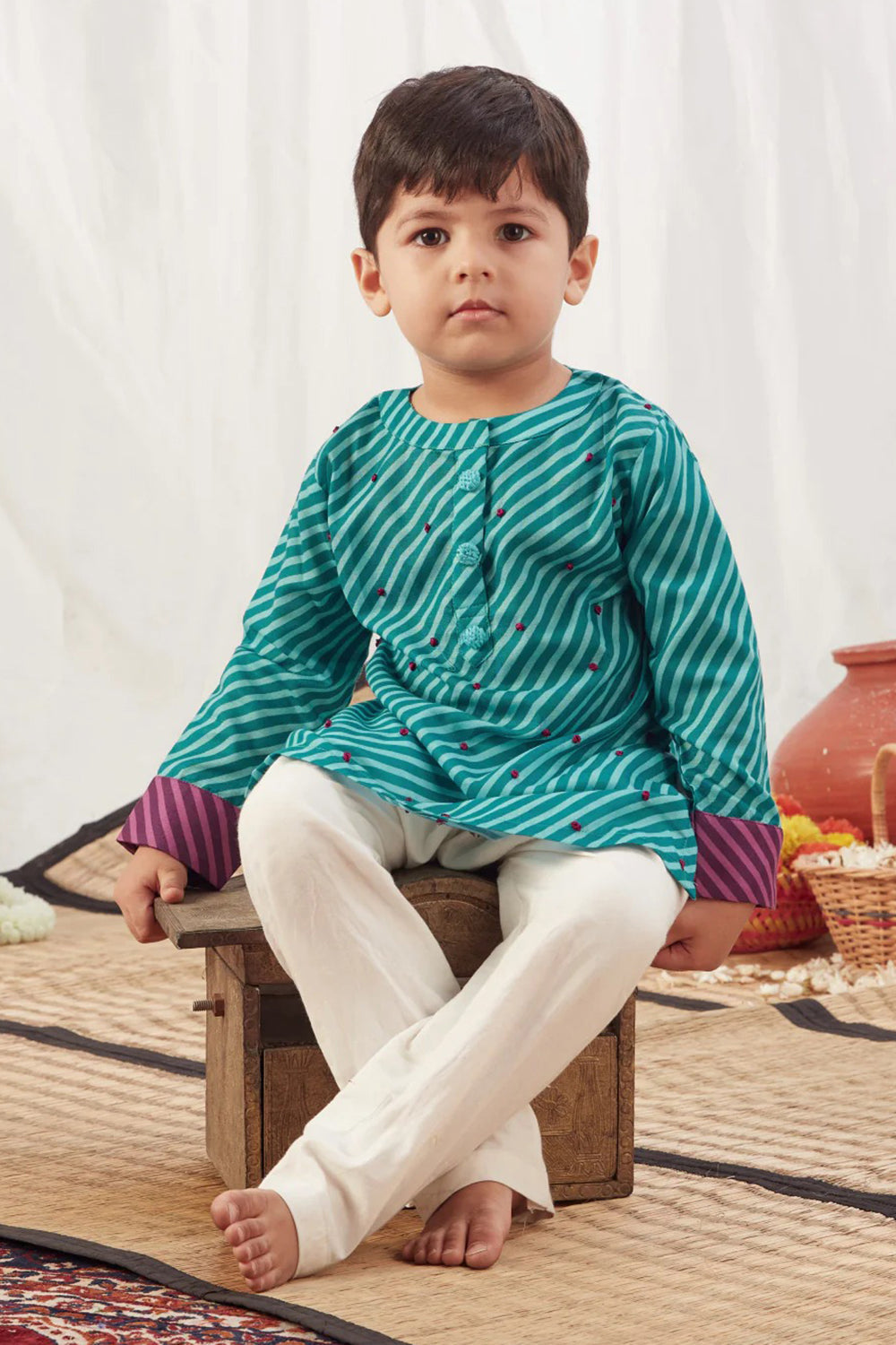 TURQUOISE LEHERIYA SHORT KURTA SET