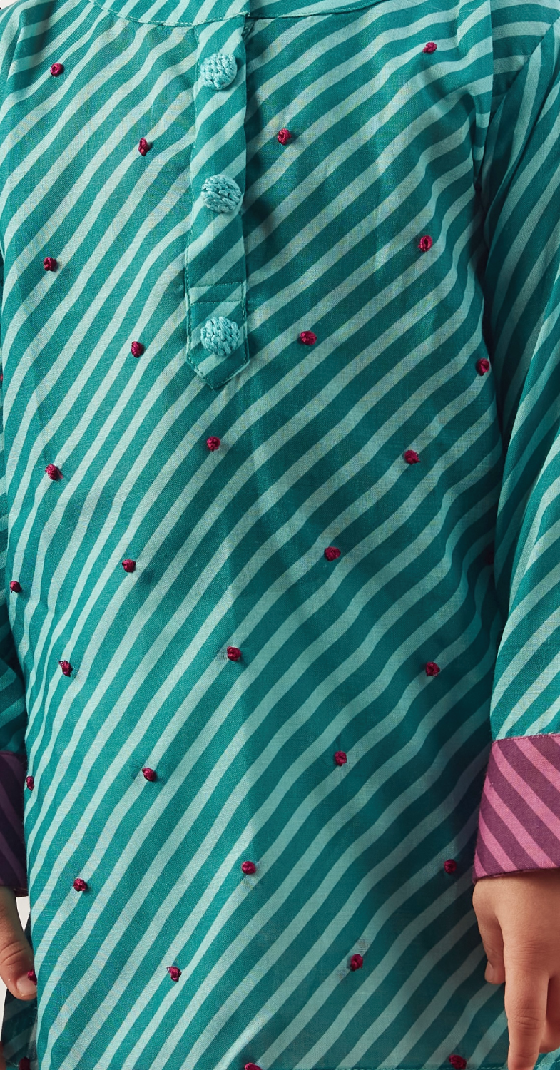 TURQUOISE LEHERIYA SHORT KURTA SET