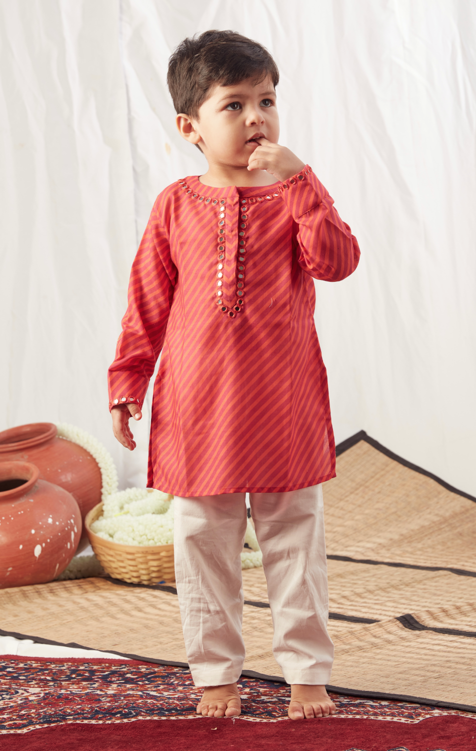 RED LEHERIYA SHORT KURTA SET