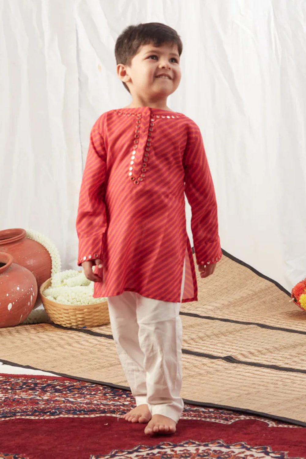 RED LEHERIYA SHORT KURTA SET