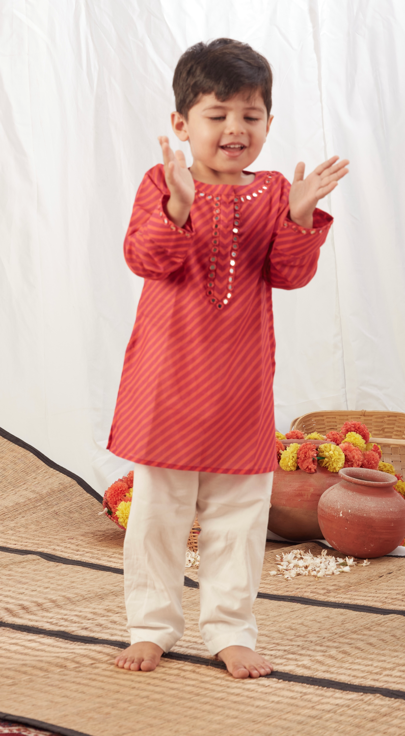 RED LEHERIYA SHORT KURTA SET