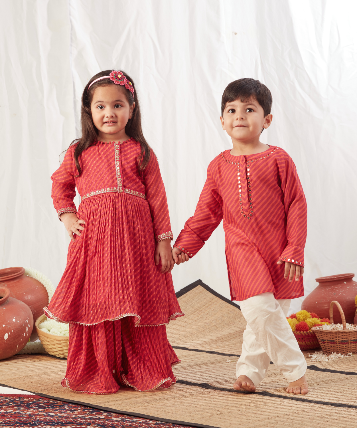RED LEHERIYA SHORT KURTA SET