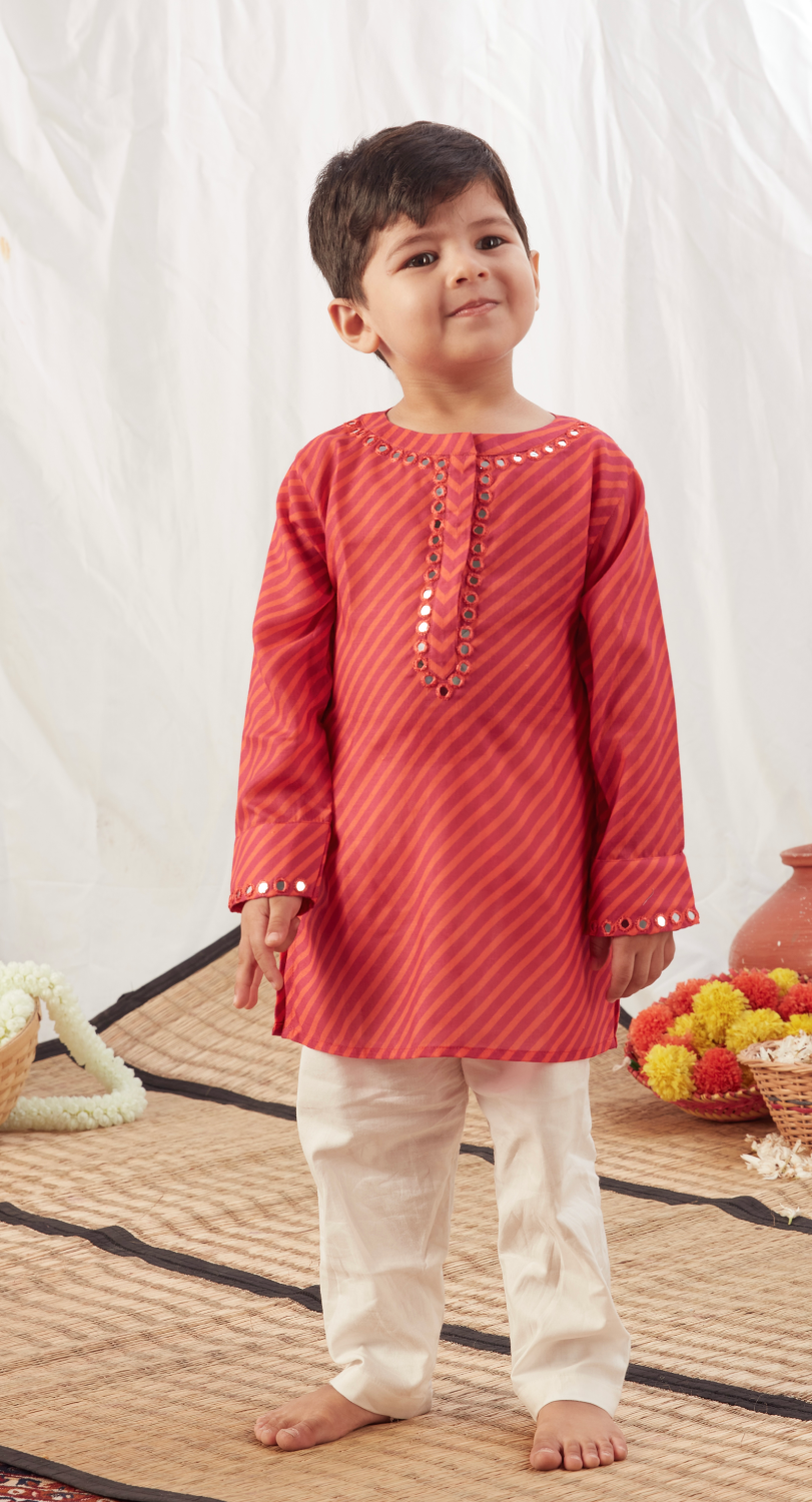 RED LEHERIYA SHORT KURTA SET