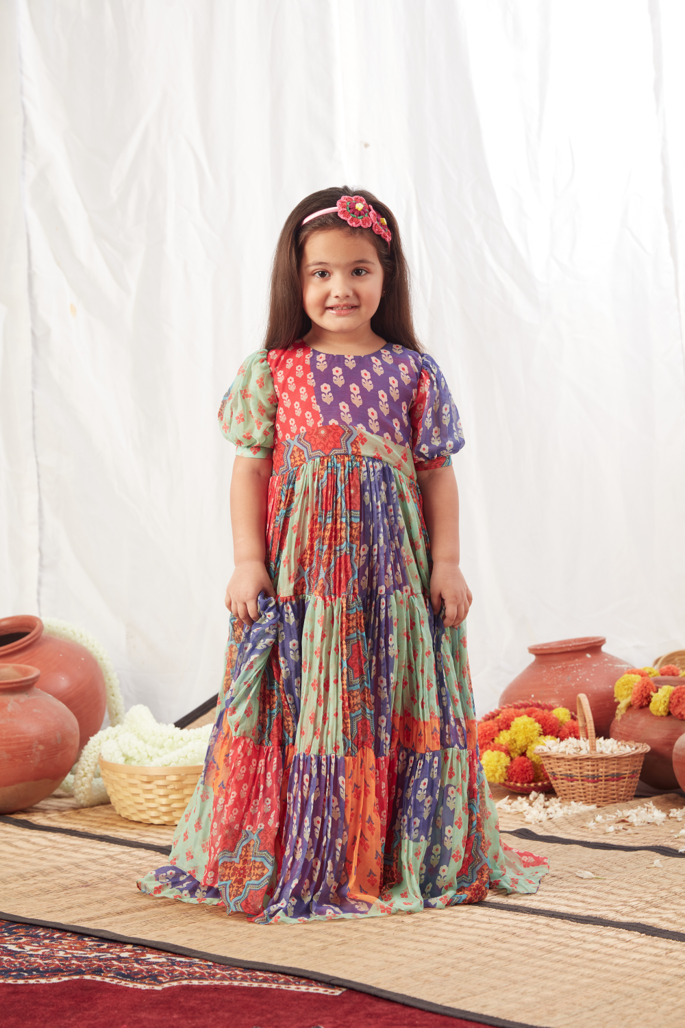 BLOCK PRINT MULTICOLOUR FLOWY DRESS