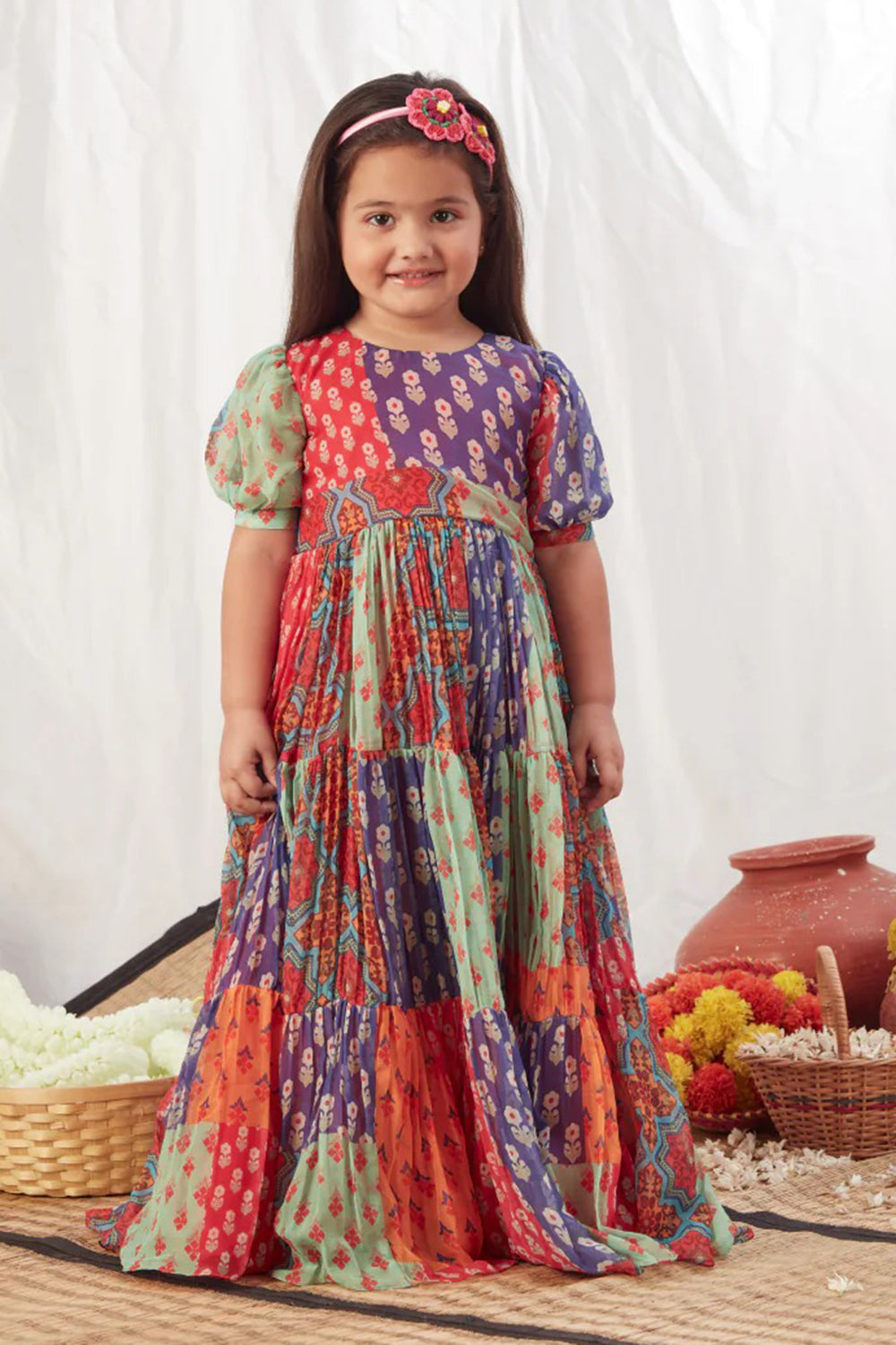 BLOCK PRINT MULTICOLOUR FLOWY DRESS