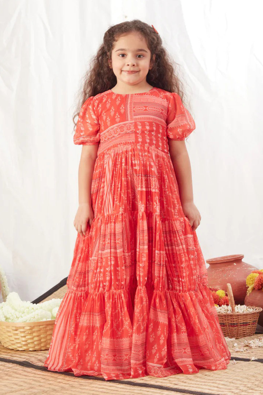 RED BLOCK PRINT LONG FLOWY DRESS