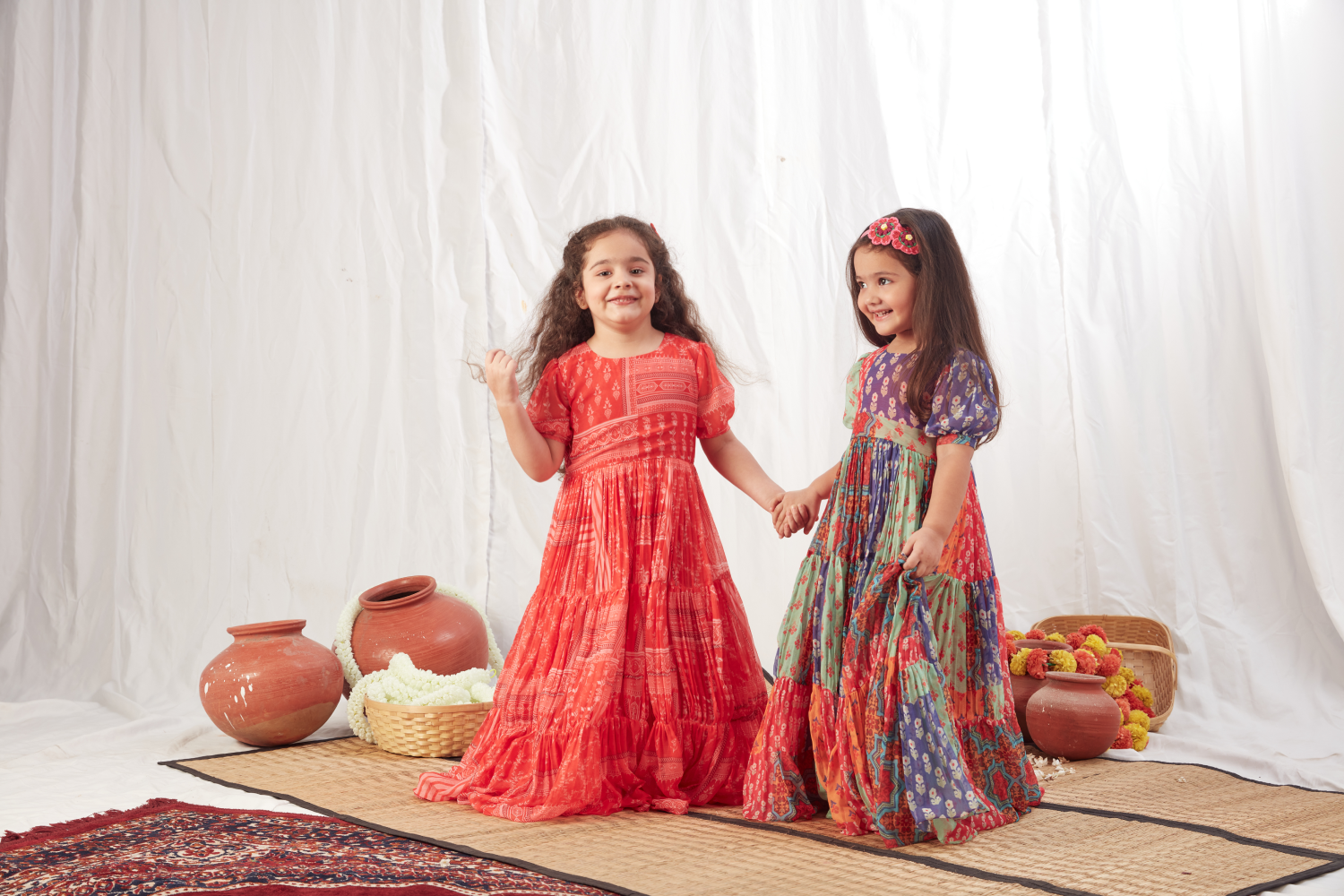 RED BLOCK PRINT LONG FLOWY DRESS
