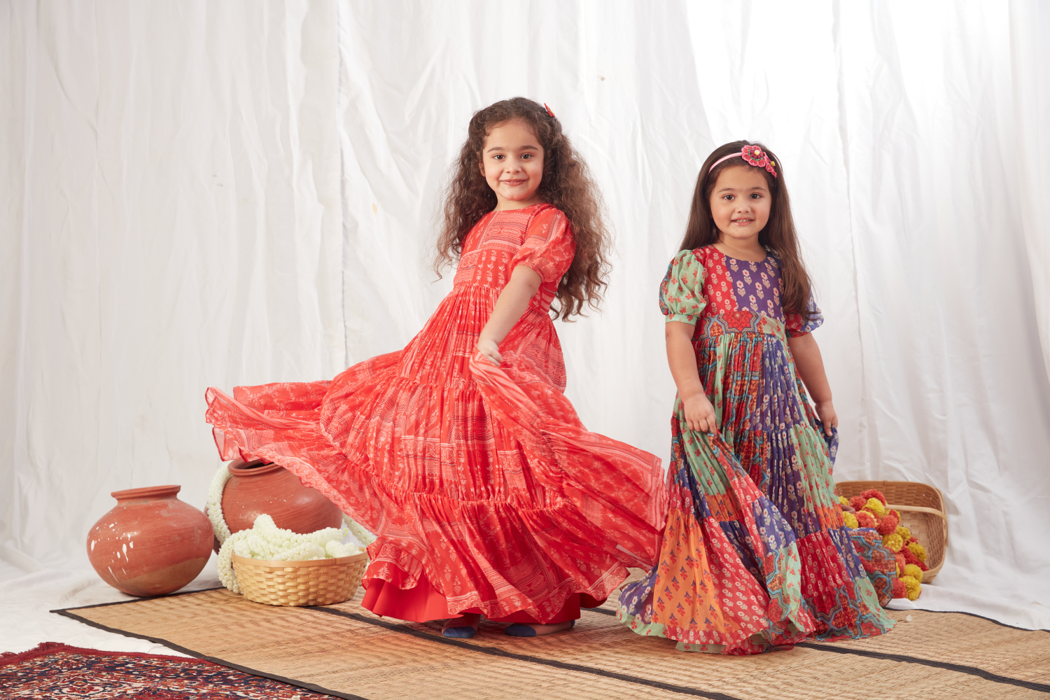 RED BLOCK PRINT LONG FLOWY DRESS