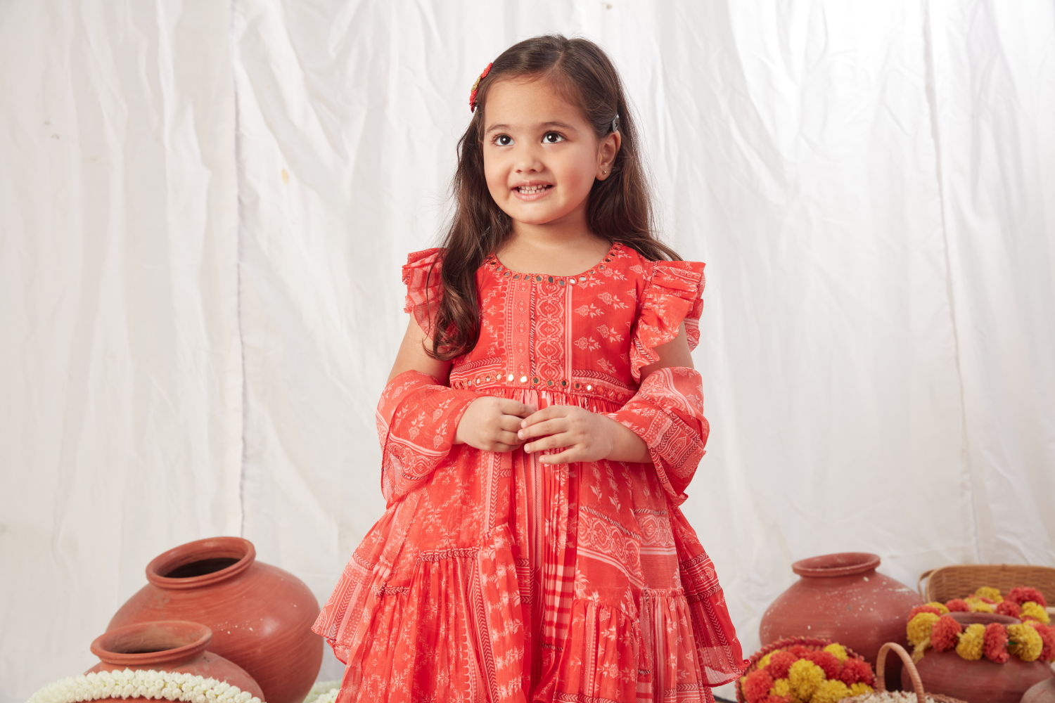 RED BLOCK PRINT PEPLUM LEHENGA SET