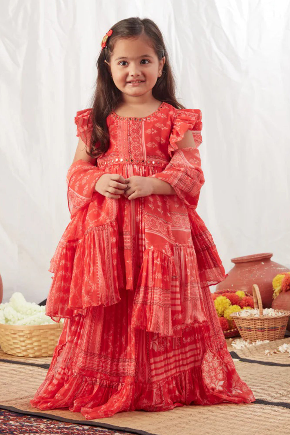 RED BLOCK PRINT PEPLUM LEHENGA SET