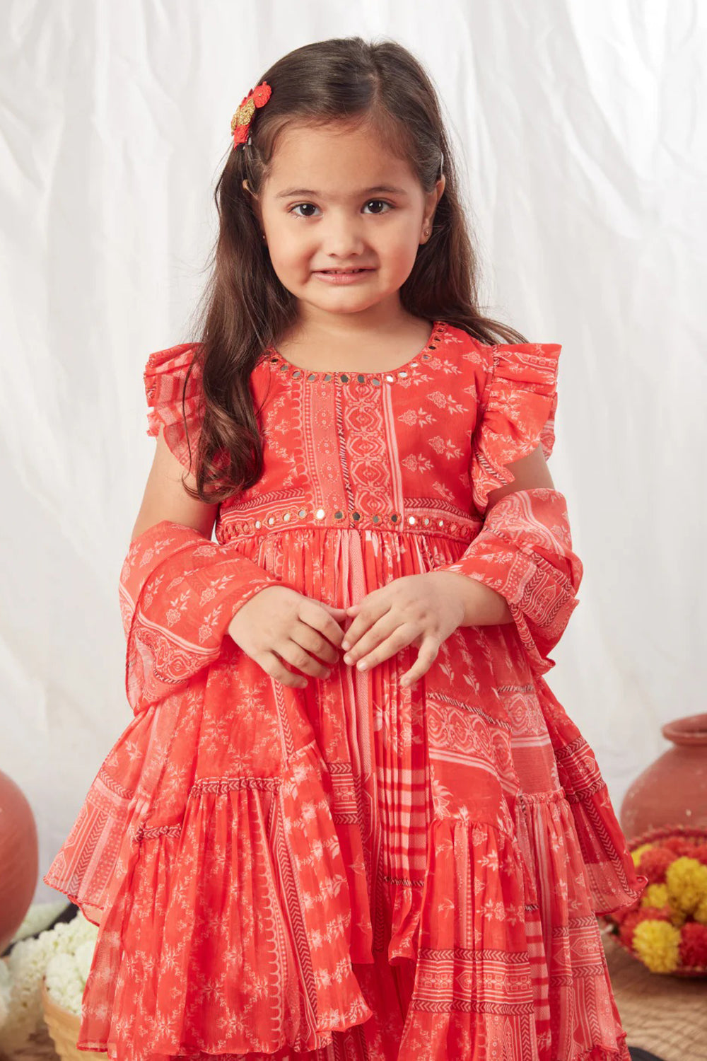 RED BLOCK PRINT PEPLUM LEHENGA SET