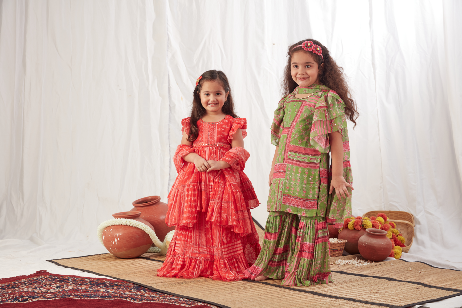 RED BLOCK PRINT PEPLUM LEHENGA SET