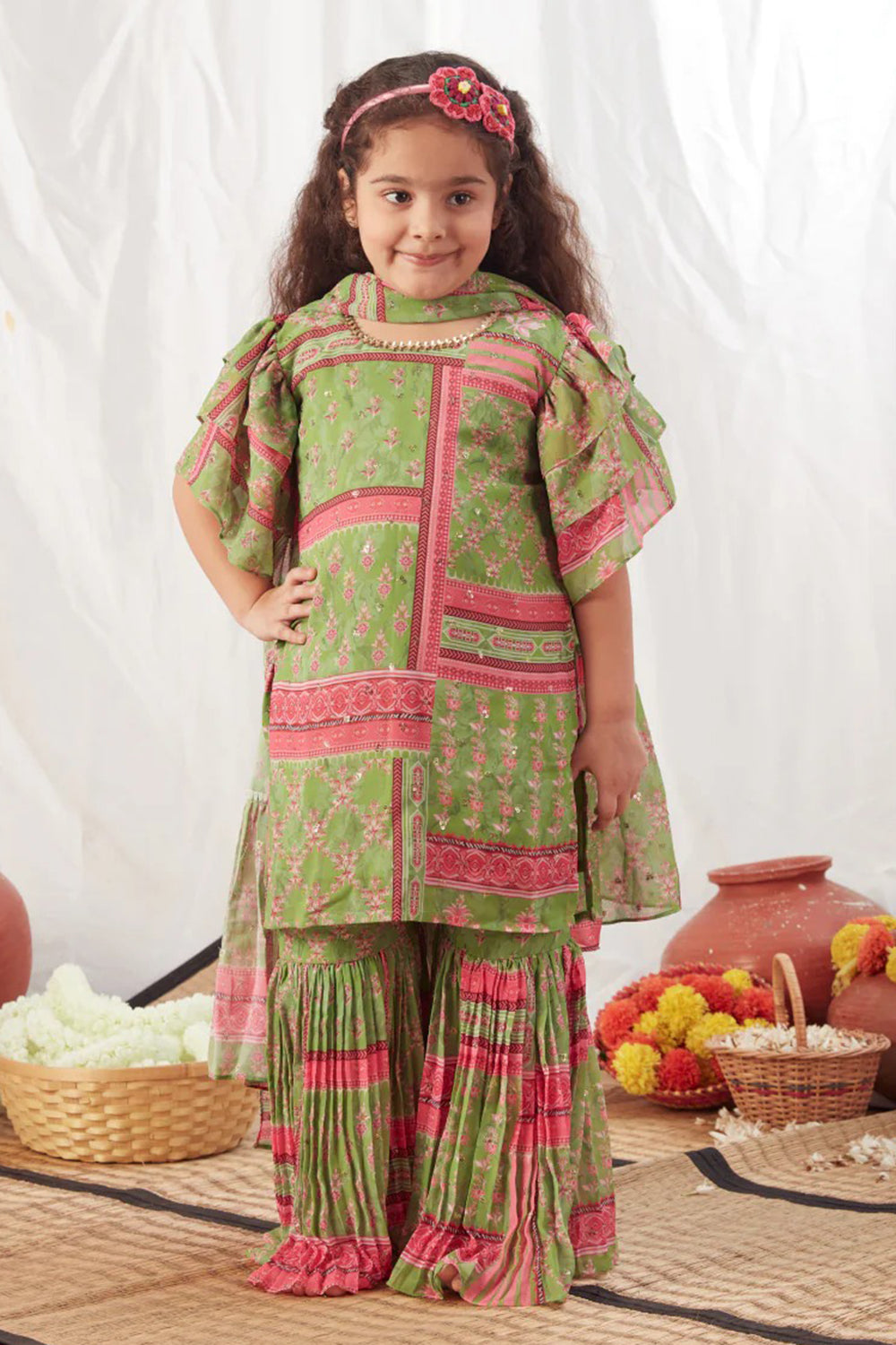 GREEN BLOCK PRINT SHARARA SET