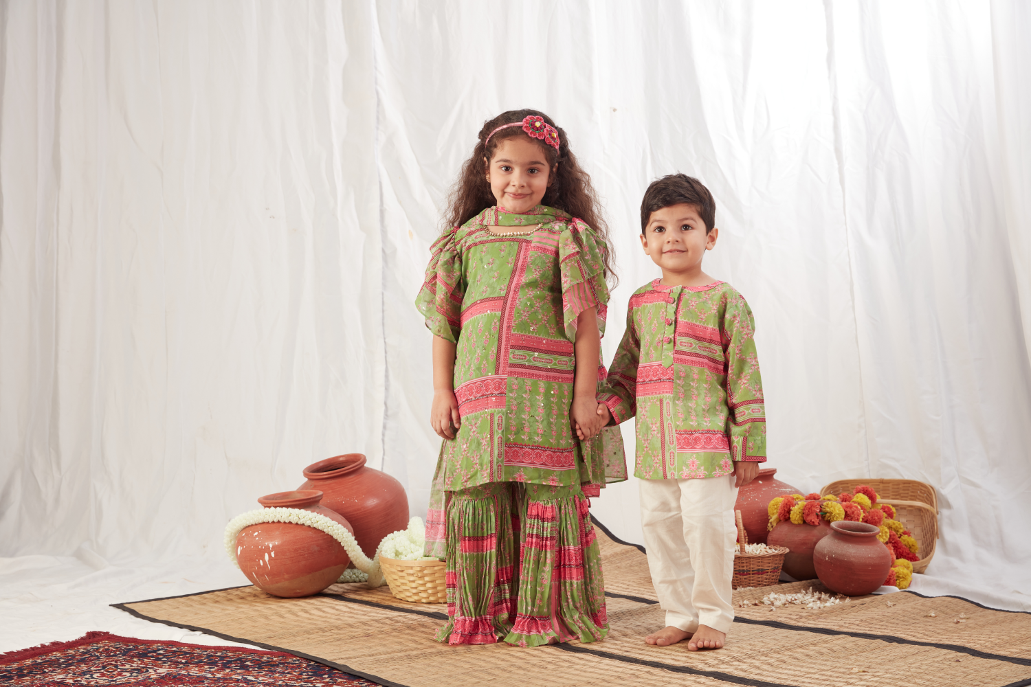 GREEN BLOCK PRINT SHORT KURTA SET