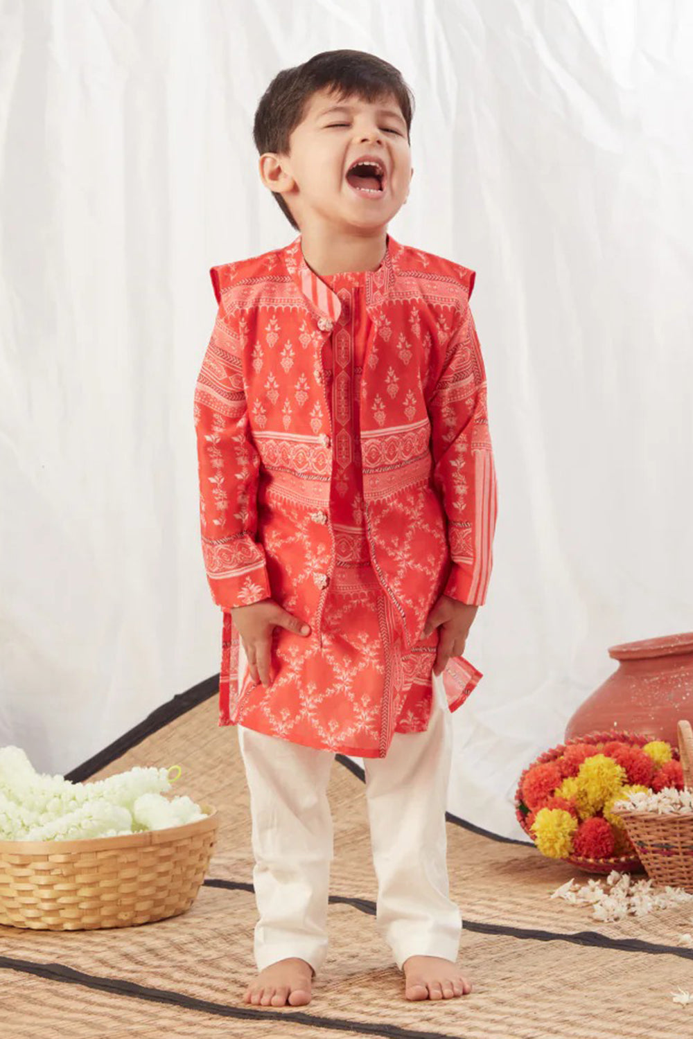 RED BLOCK PRINT KURTA BANDI SET