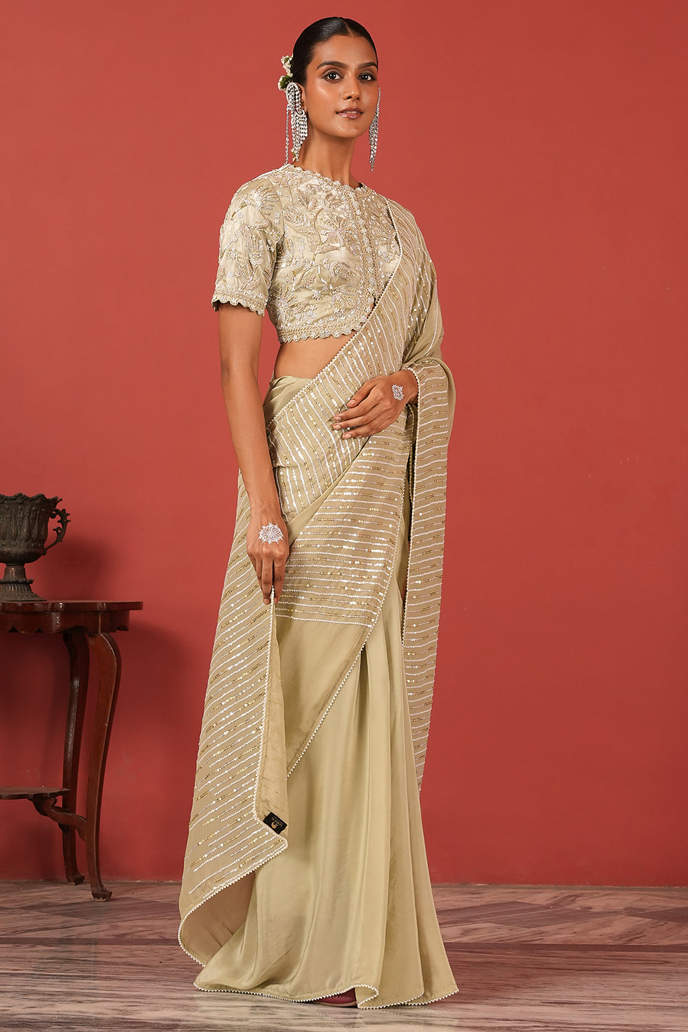 Hand-Embroidered Cutwork Blouse with Sequin Saree Set
