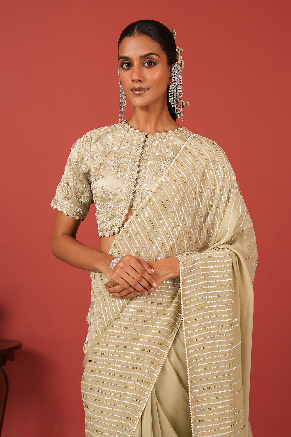 Hand-Embroidered Cutwork Blouse with Sequin Saree Set