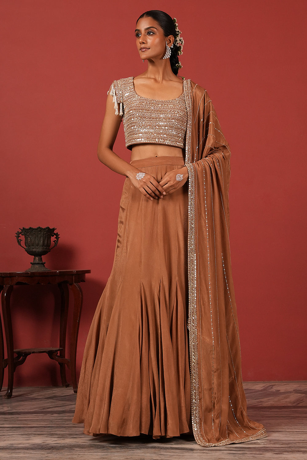 Handcrafted Lehenga Set with Tassel Sleeve Blouse & Fully Embroidered Dupatta