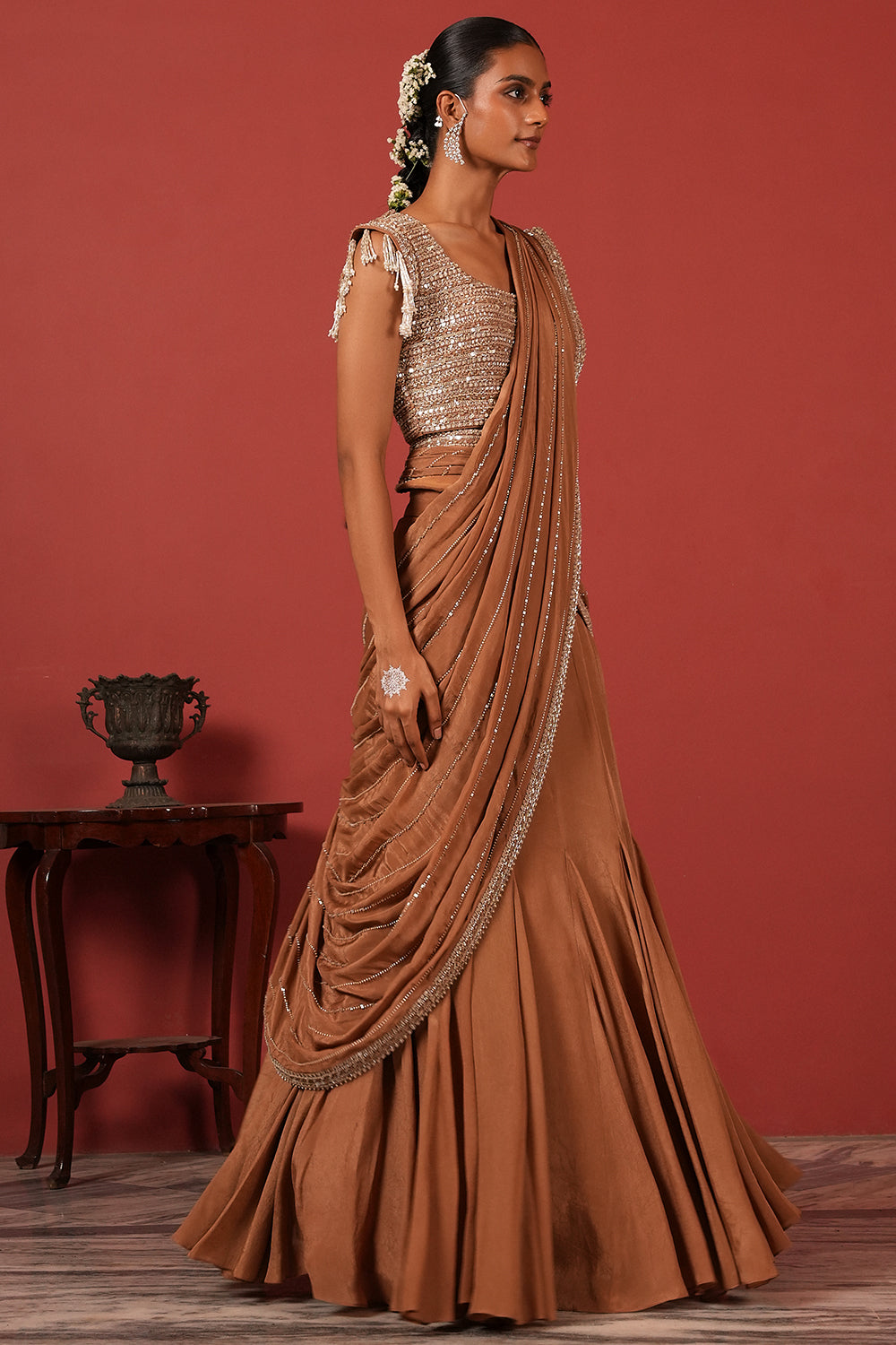 Handcrafted Lehenga Set with Tassel Sleeve Blouse & Fully Embroidered Dupatta