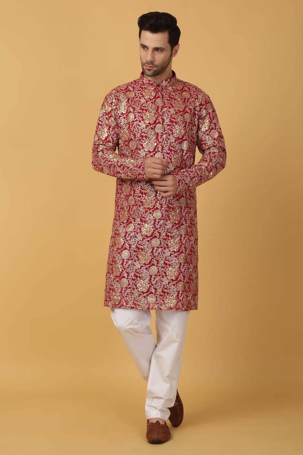 Zar Firdaus Embroidered  Kurta Pants Set - Festive Red