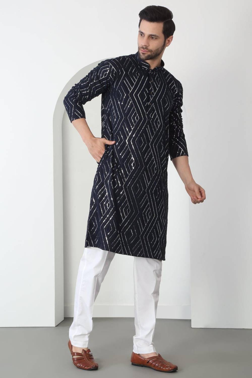 Chandra Barfi Black Cotton Embroidered Thread Barfi Kurta Set