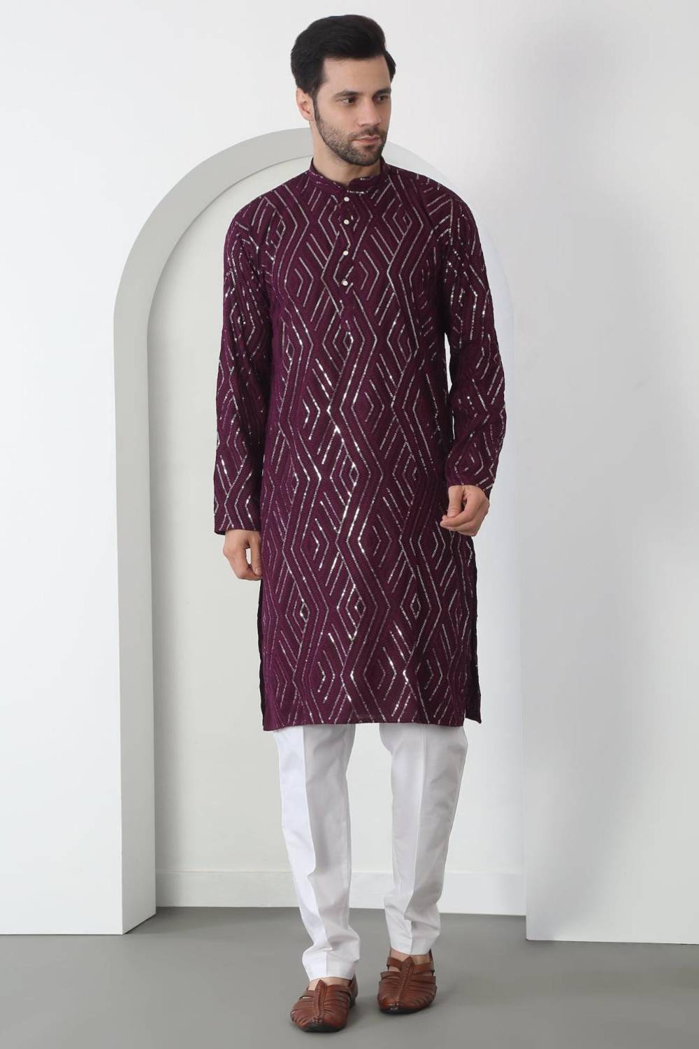 Chandra Barfi Wine  Cotton Embroidered Thread Barfi Kurta Set