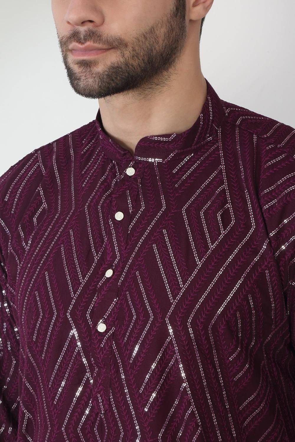 Chandra Barfi Wine  Cotton Embroidered Thread Barfi Kurta Set