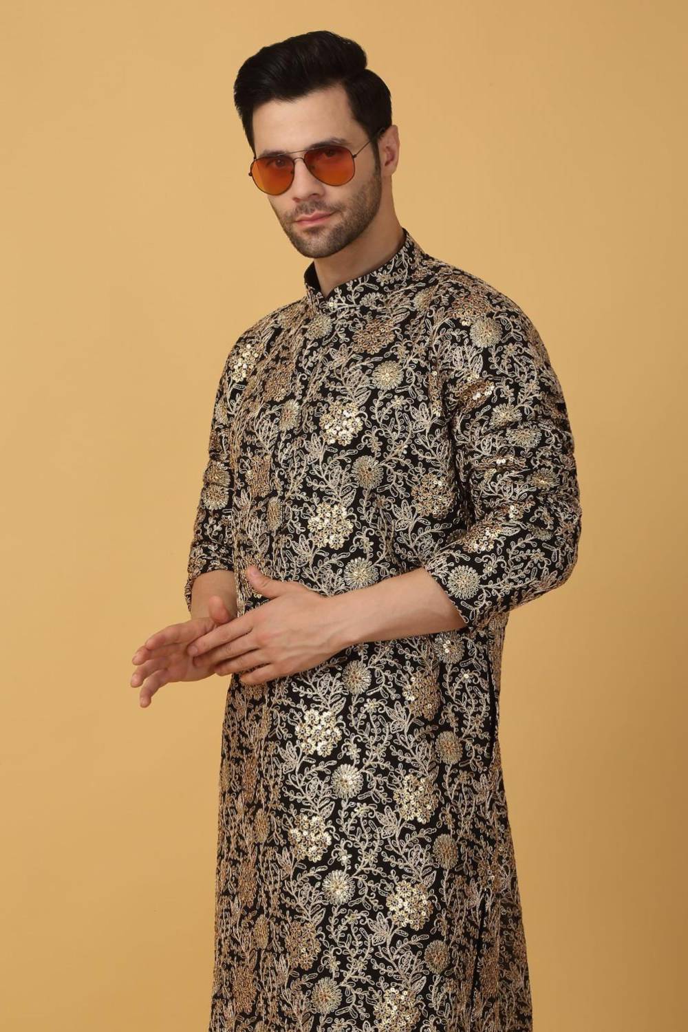 Zar Firdaus Embroidered  Kurta Pants Set - Festive Black