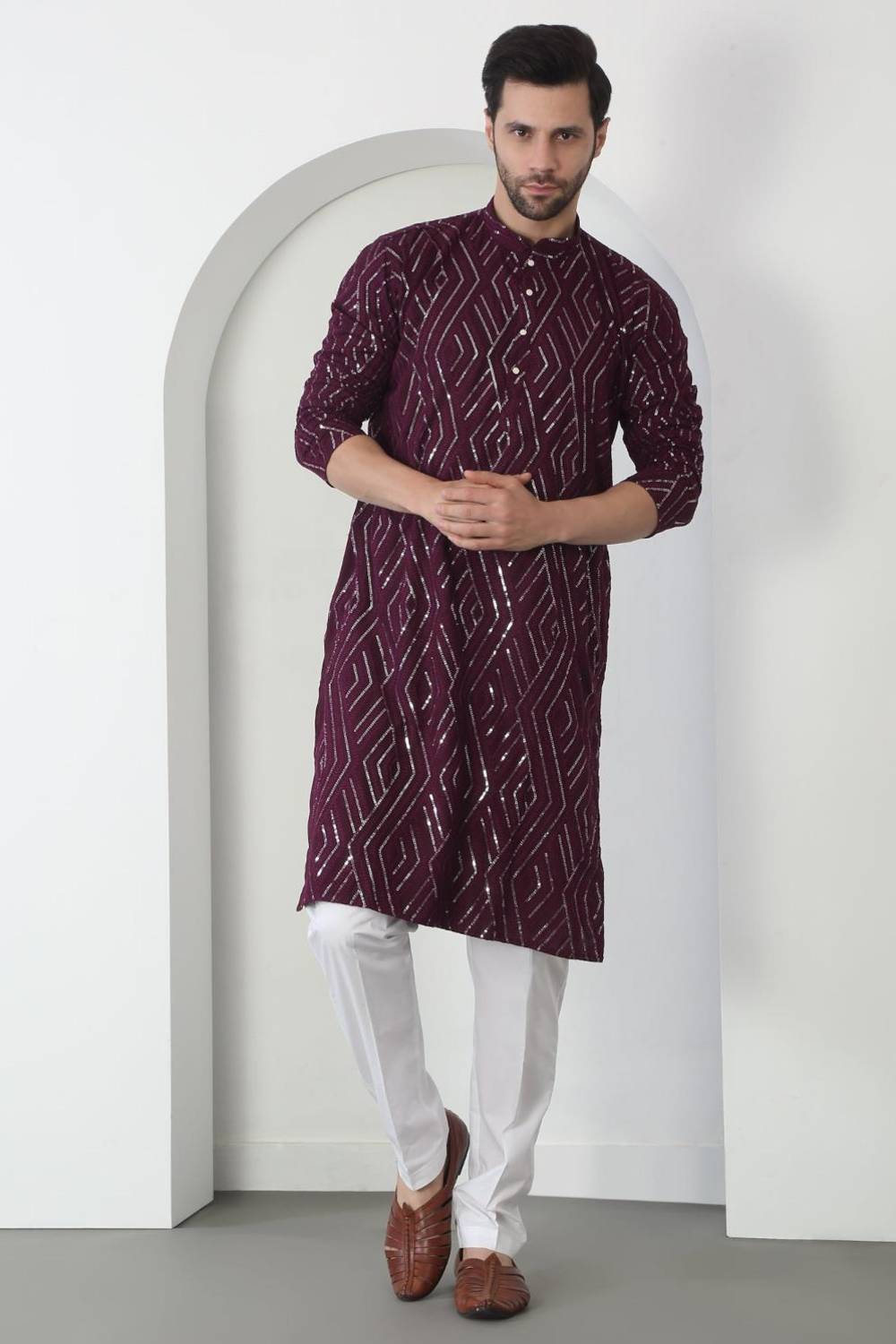 Chandra Barfi Wine  Cotton Embroidered Thread Barfi Kurta Set