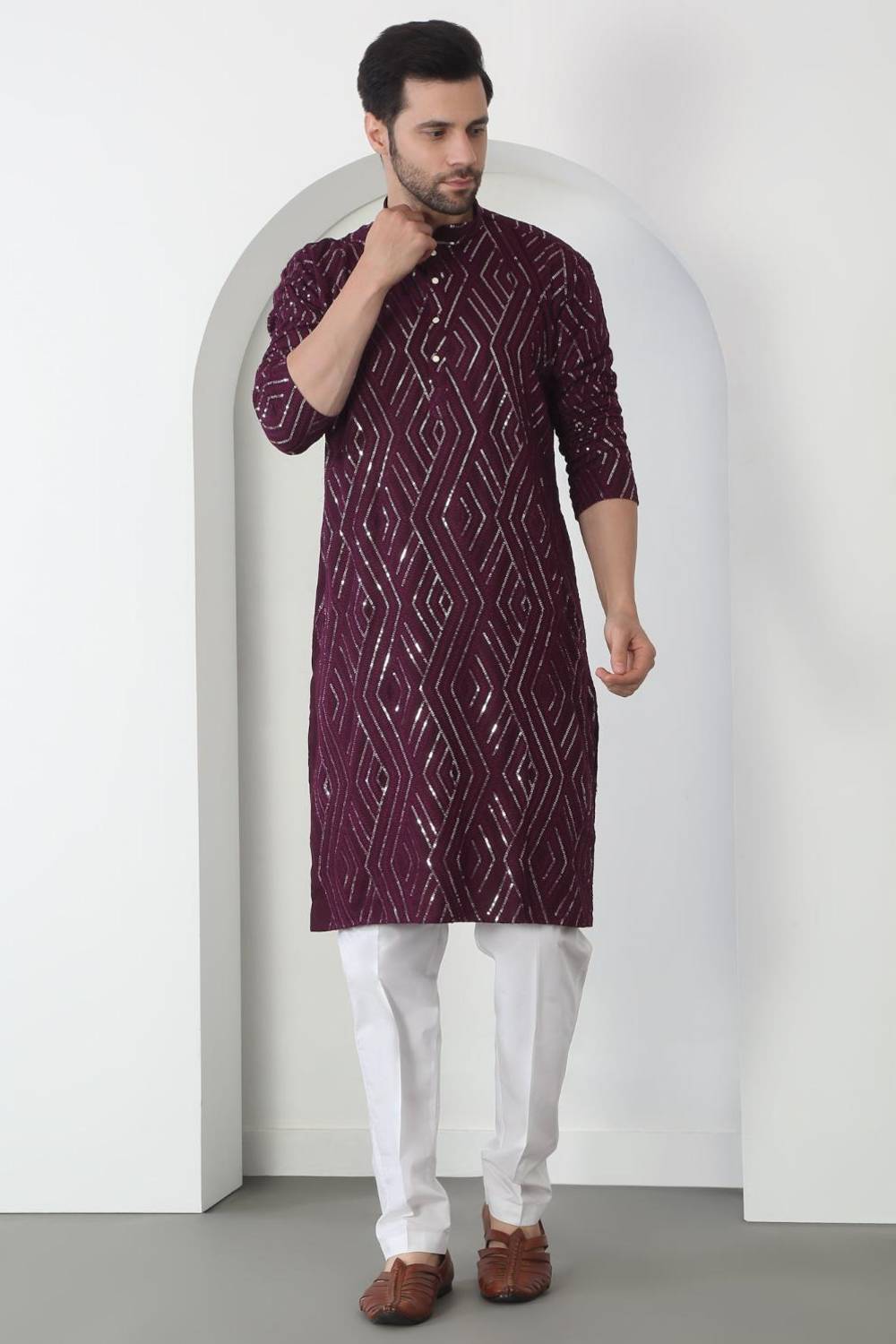 Chandra Barfi Wine  Cotton Embroidered Thread Barfi Kurta Set