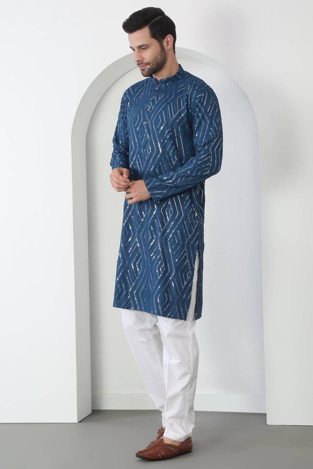 Chandra Barfi Blue Cotton Embroidered Thread Barfi Kurta Set