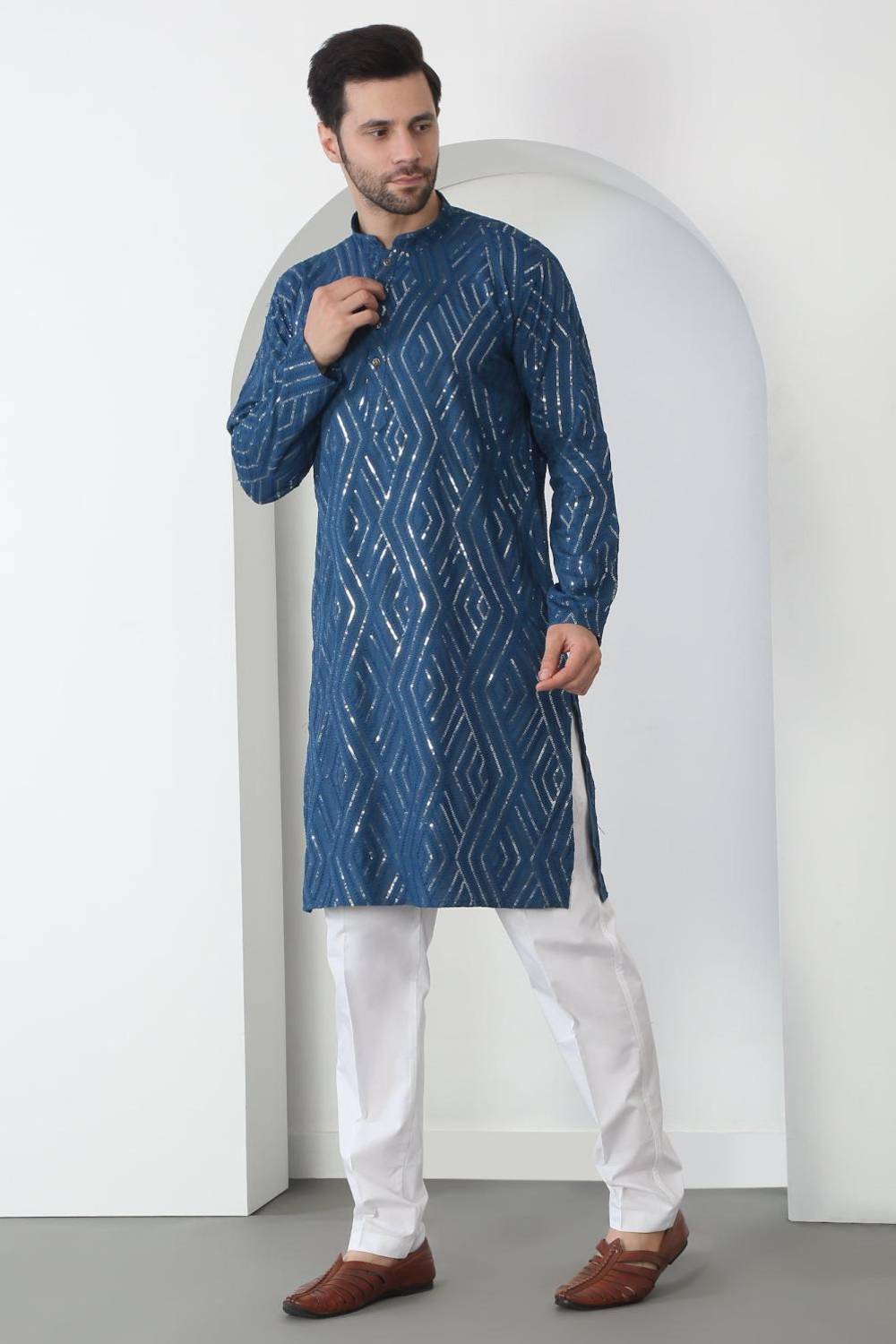 Chandra Barfi Blue Cotton Embroidered Thread Barfi Kurta Set