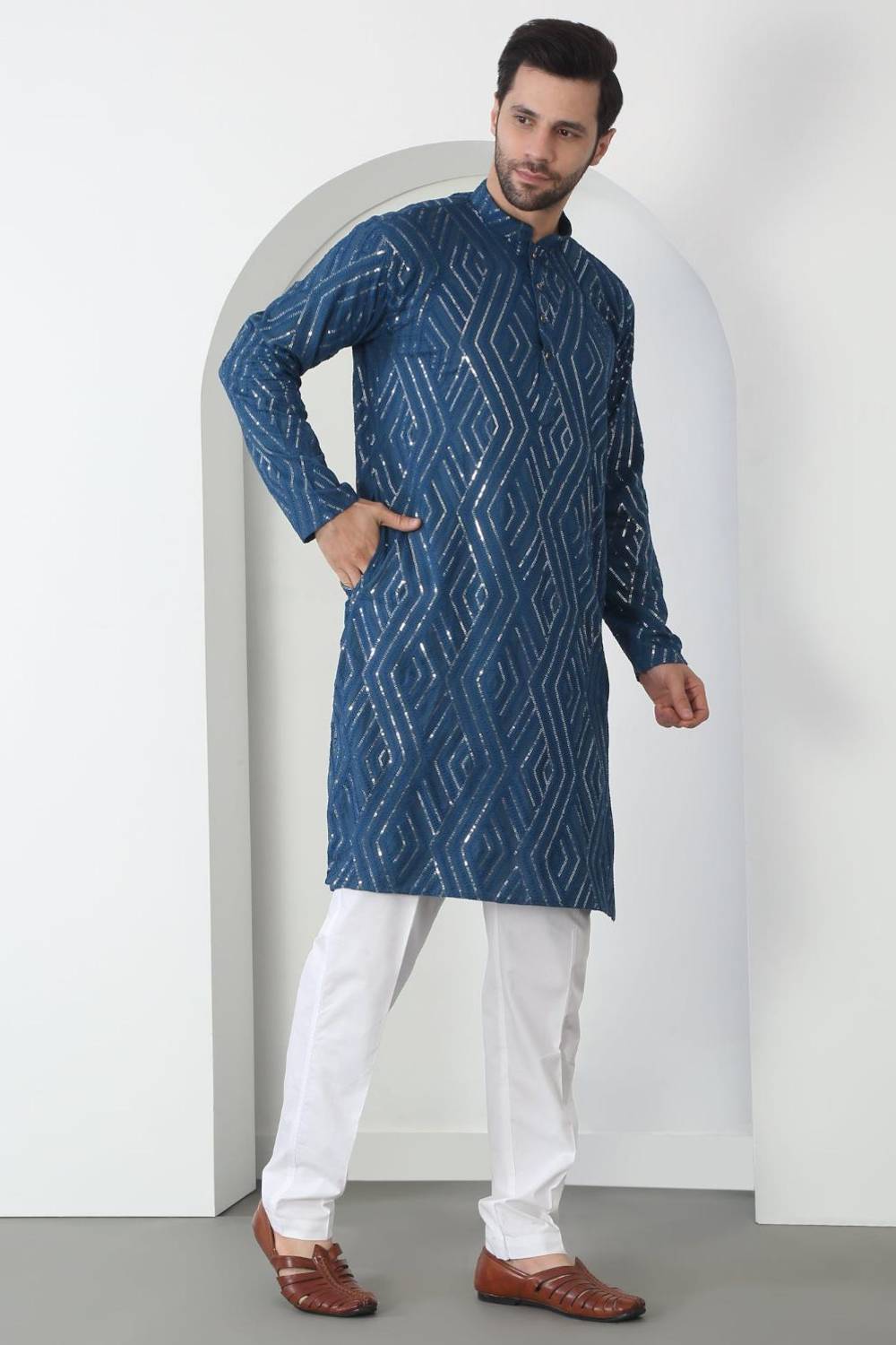 Chandra Barfi Blue Cotton Embroidered Thread Barfi Kurta Set
