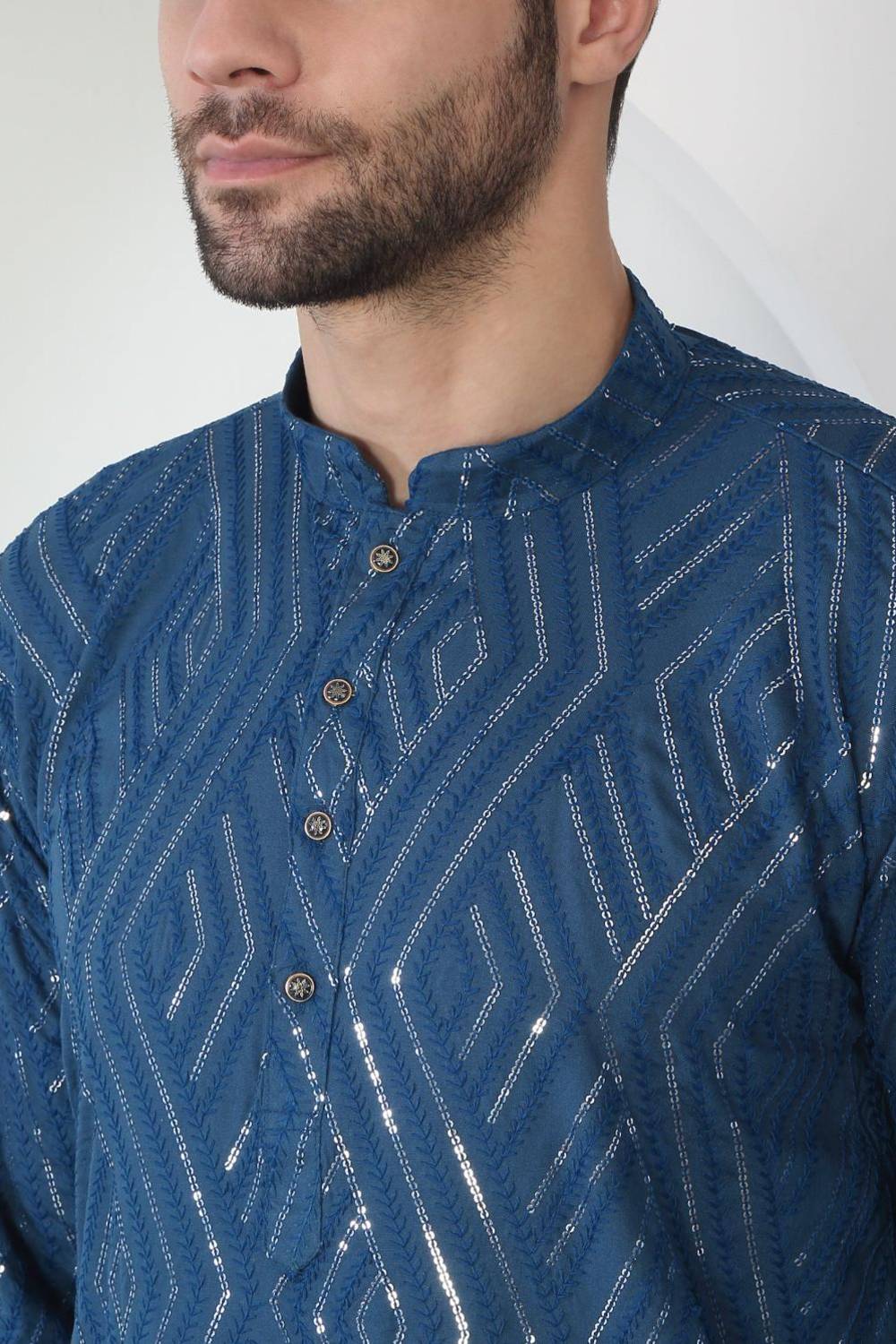 Chandra Barfi Blue Cotton Embroidered Thread Barfi Kurta Set