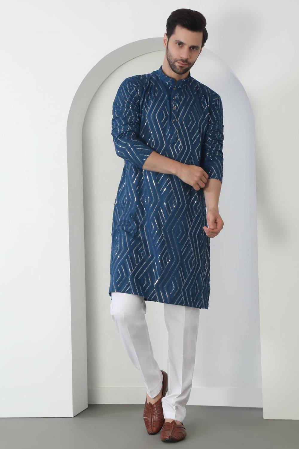 Chandra Barfi Blue Cotton Embroidered Thread Barfi Kurta Set