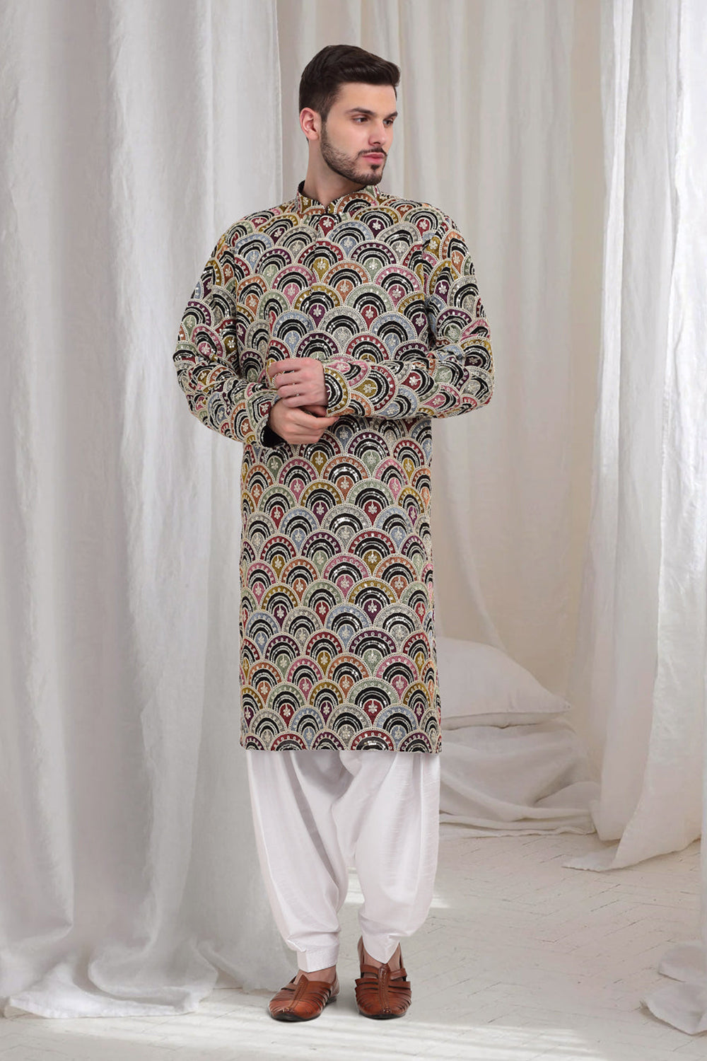 Chandravali Multi Color Scallop FloralKurta With Patiala - Black